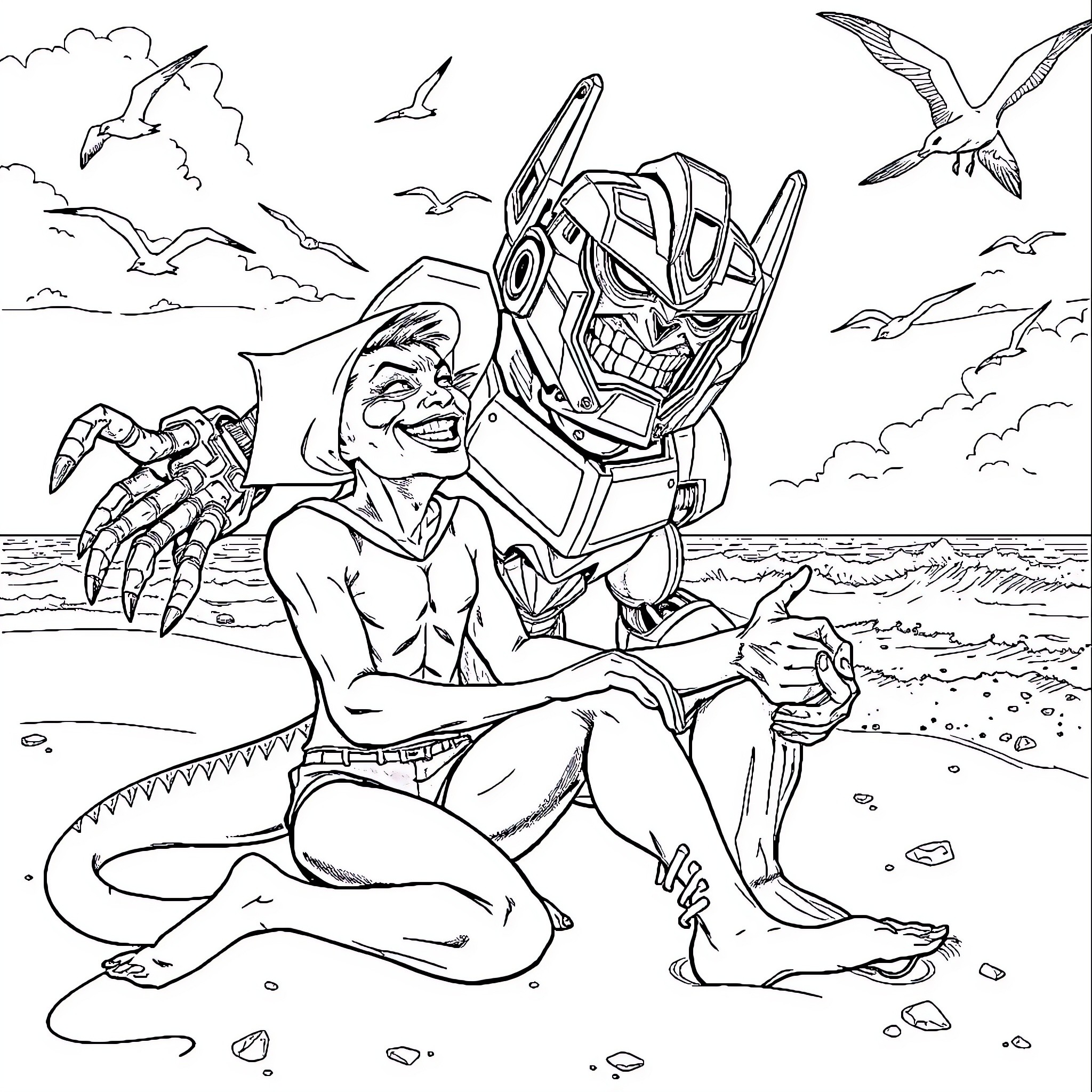 Goblin Mech Warrior Relaxing on the Beach Coloring Page (free black-and-white line drawing printable PDF for all, from beginners to advanced learners, including children, teens, adults, and seniors)