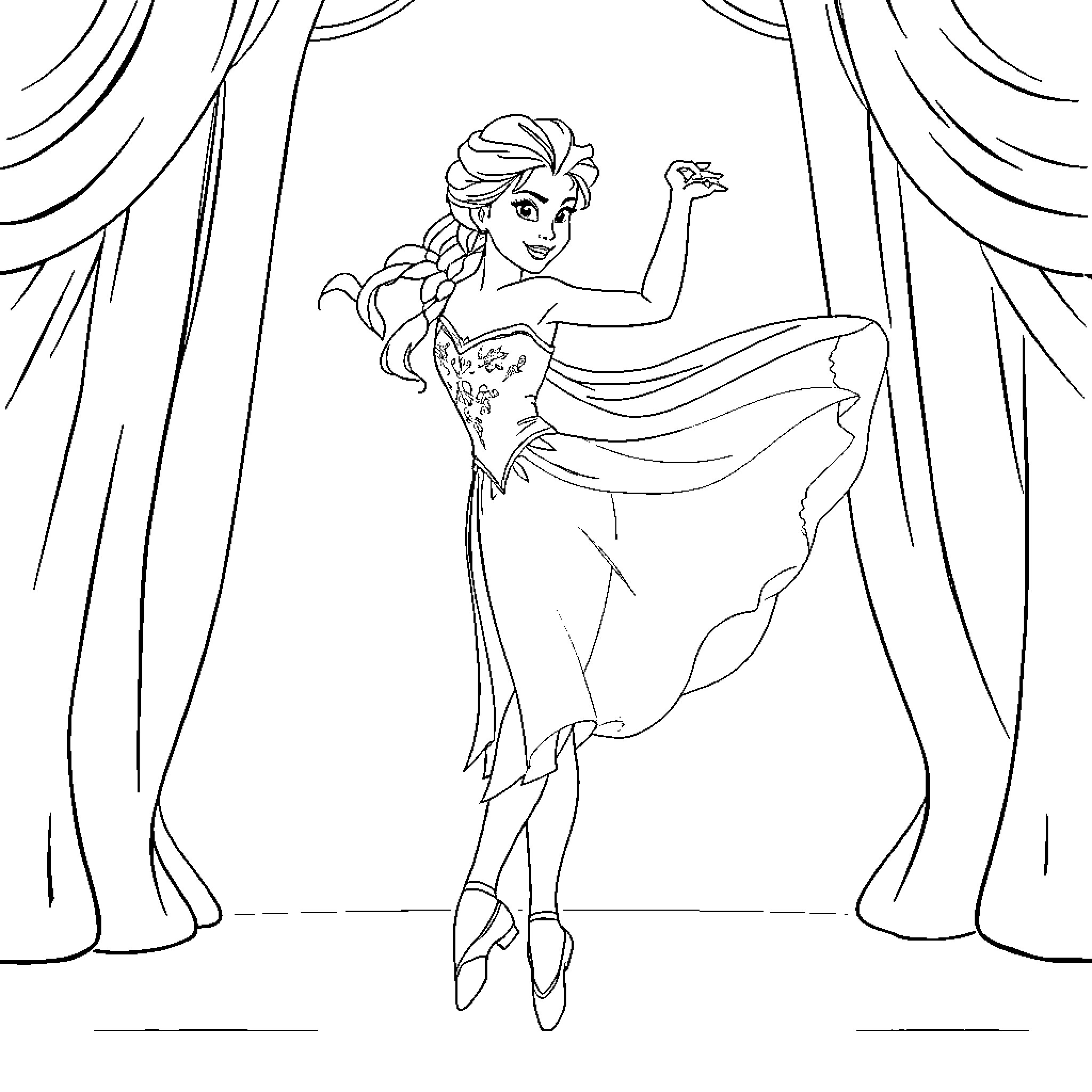 Elsa's Elegant Dance on Stage Coloring Page (free black-and-white line drawing printable PDF for all, from beginners to advanced learners, including children, teens, adults, and seniors)