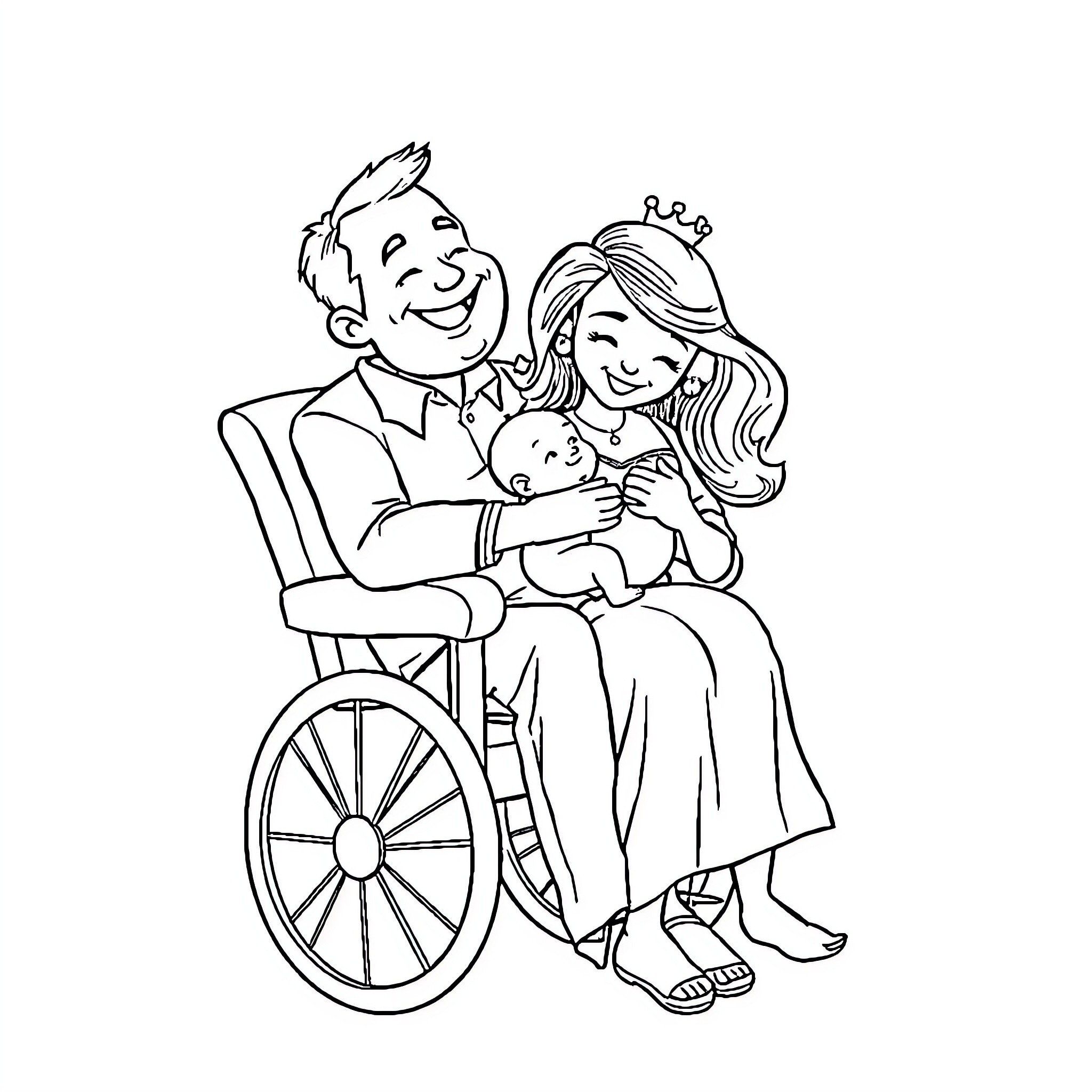 Family Moment of Joy in Wheelchair Coloring Page (free black-and-white line drawing printable PDF for all, from beginners to advanced learners, including children, teens, adults, and seniors)