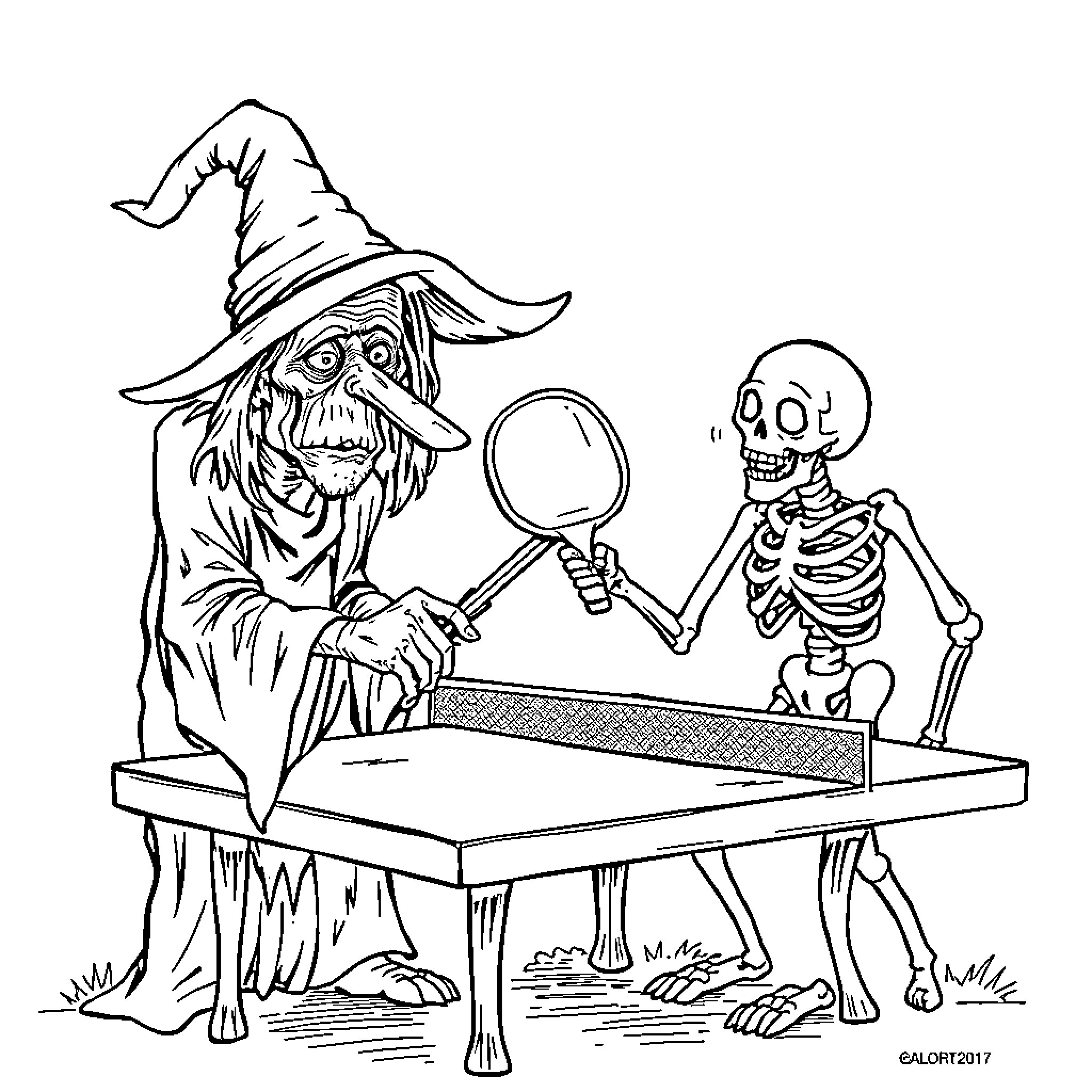 Witch examining a skeleton in her laboratory Coloring Page (free black-and-white line drawing printable PDF for all, from beginners to advanced learners, including children, teens, adults, and seniors)