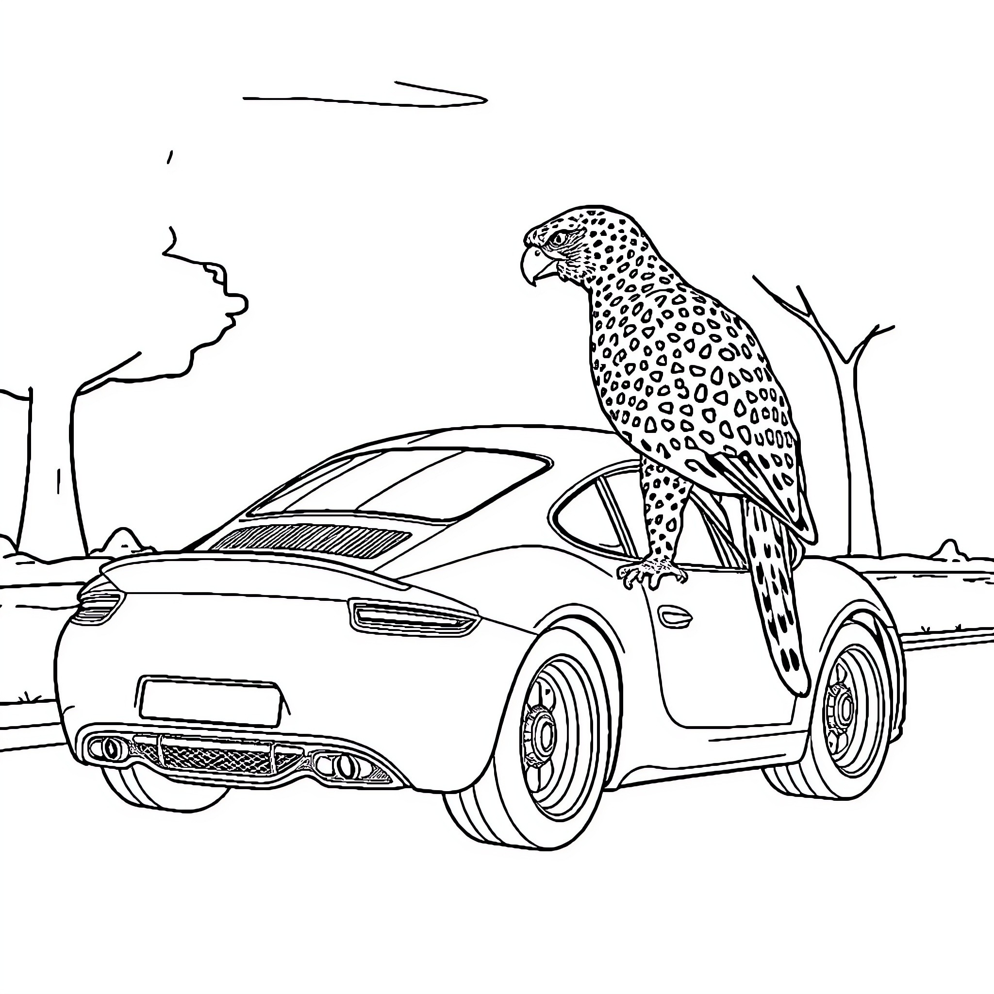 Racing Car with Cheetah Companion in Desert Landscape Coloring Page (free black-and-white line drawing printable PDF for all, from beginners to advanced learners, including children, teens, adults, and seniors)