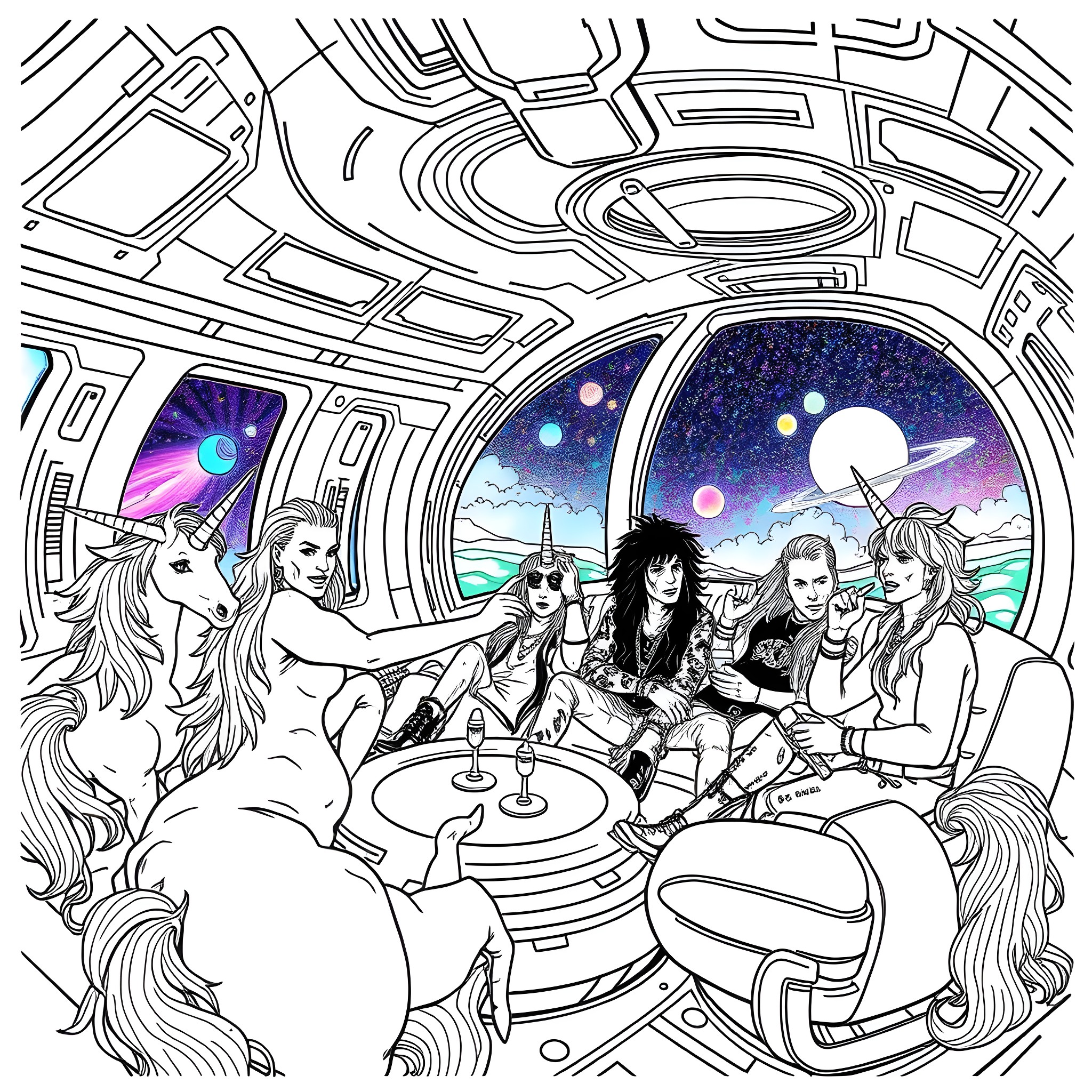 Motley Crue's Cosmic Adventure: Otherworldly Escapades Coloring Page (free black-and-white line drawing printable PDF for all, from beginners to advanced learners, including children, teens, adults, and seniors)