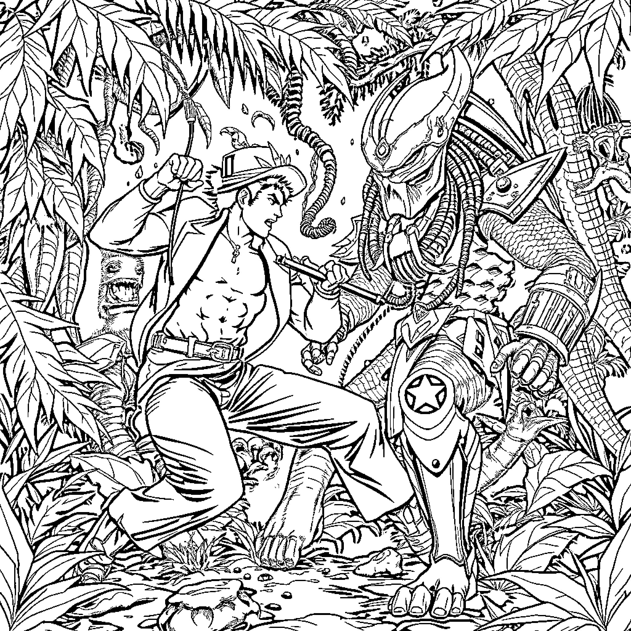 Jotoro Kujo battling fierce creatures in a lush jungle Coloring Page (free black-and-white line drawing printable PDF for all, from beginners to advanced learners, including children, teens, adults, and seniors)