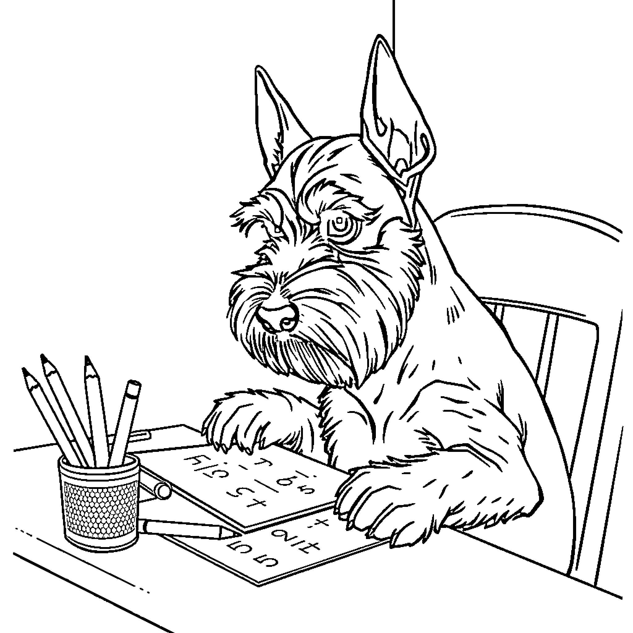 Schnauzer Working Diligently at Desk Coloring Page (free black-and-white line drawing printable PDF for all, from beginners to advanced learners, including children, teens, adults, and seniors)