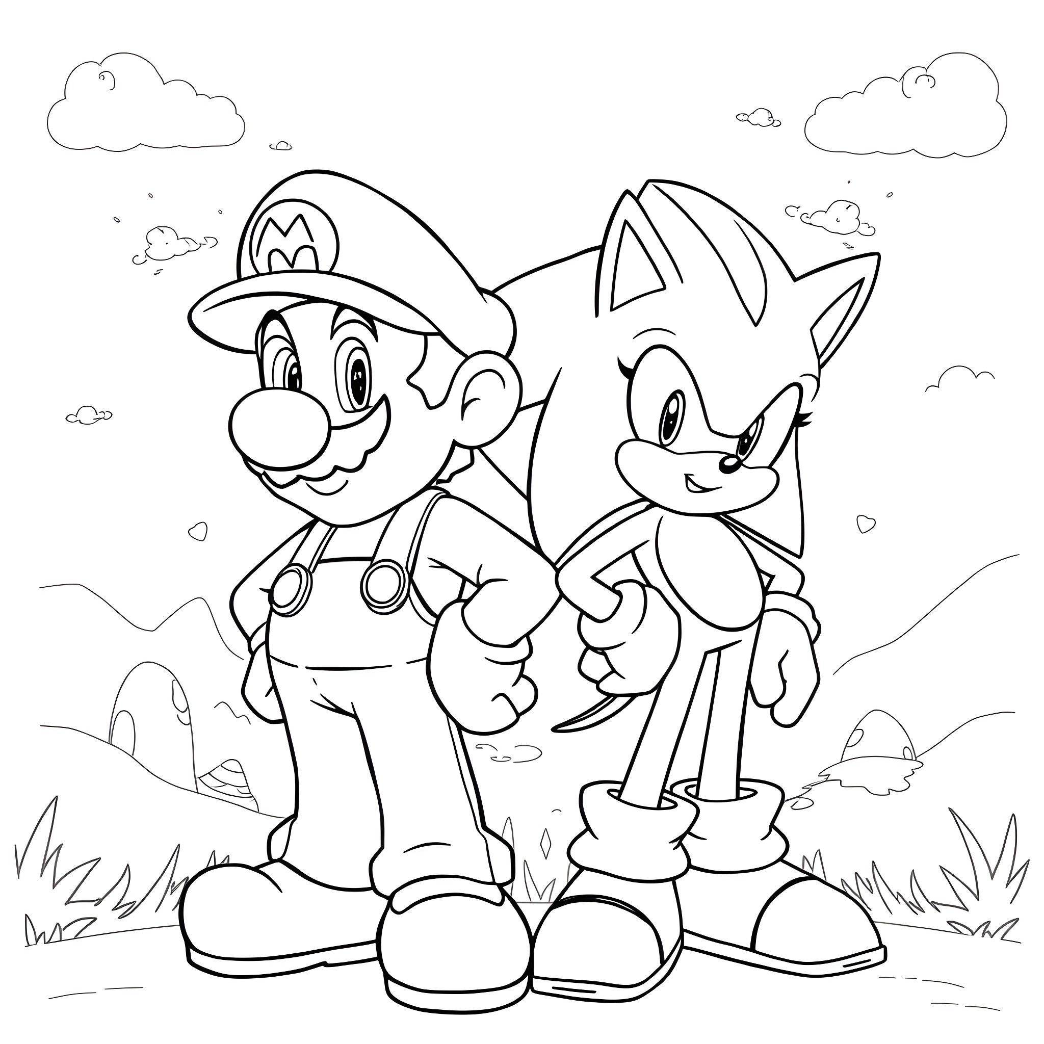 Mario and Sonic having an adventure together Coloring Page (free black-and-white line drawing printable PDF for all, from beginners to advanced learners, including children, teens, adults, and seniors)