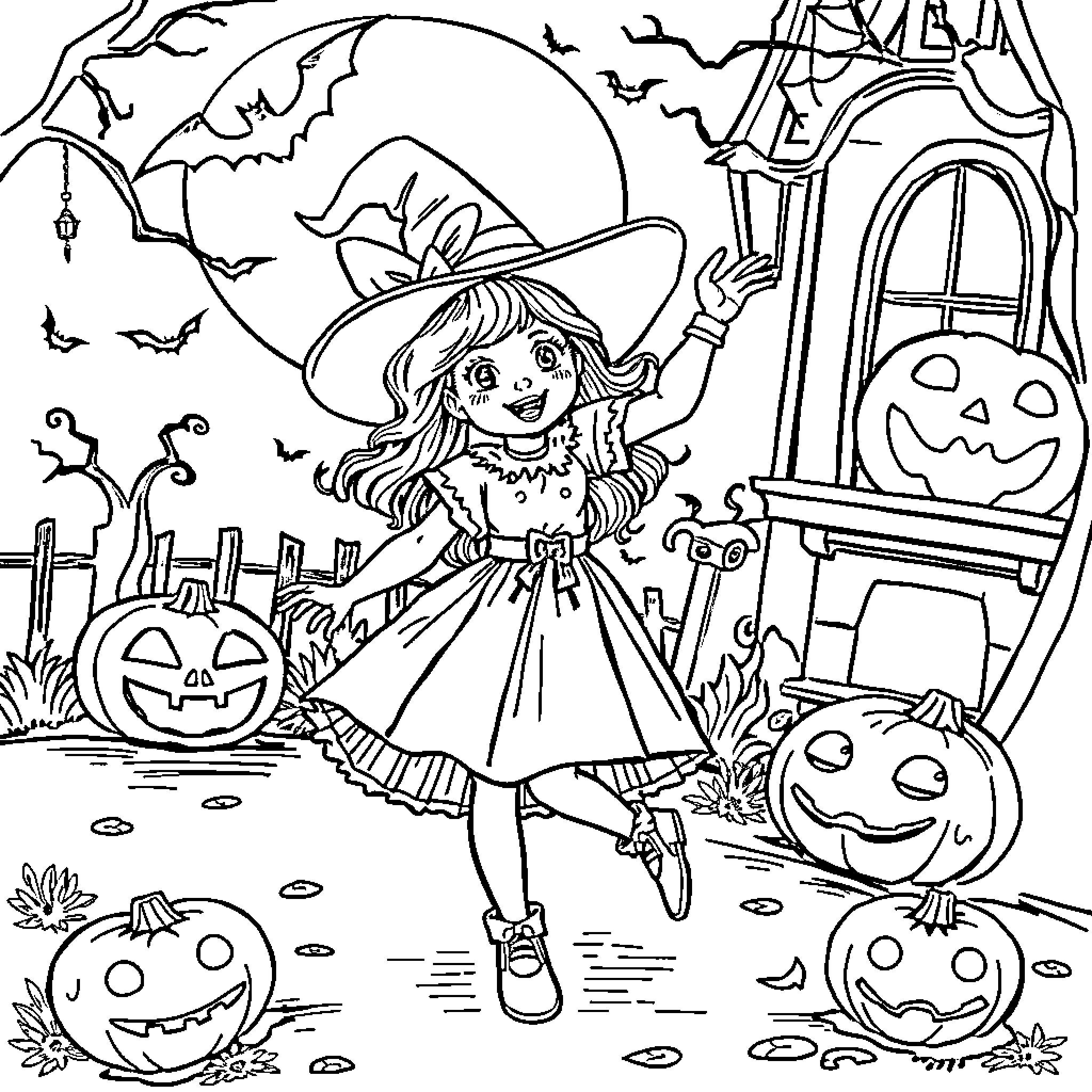 Girl exploring Halloween scene with pumpkins and bats Coloring Page (free black-and-white line drawing printable PDF for all, from beginners to advanced learners, including children, teens, adults, and seniors)