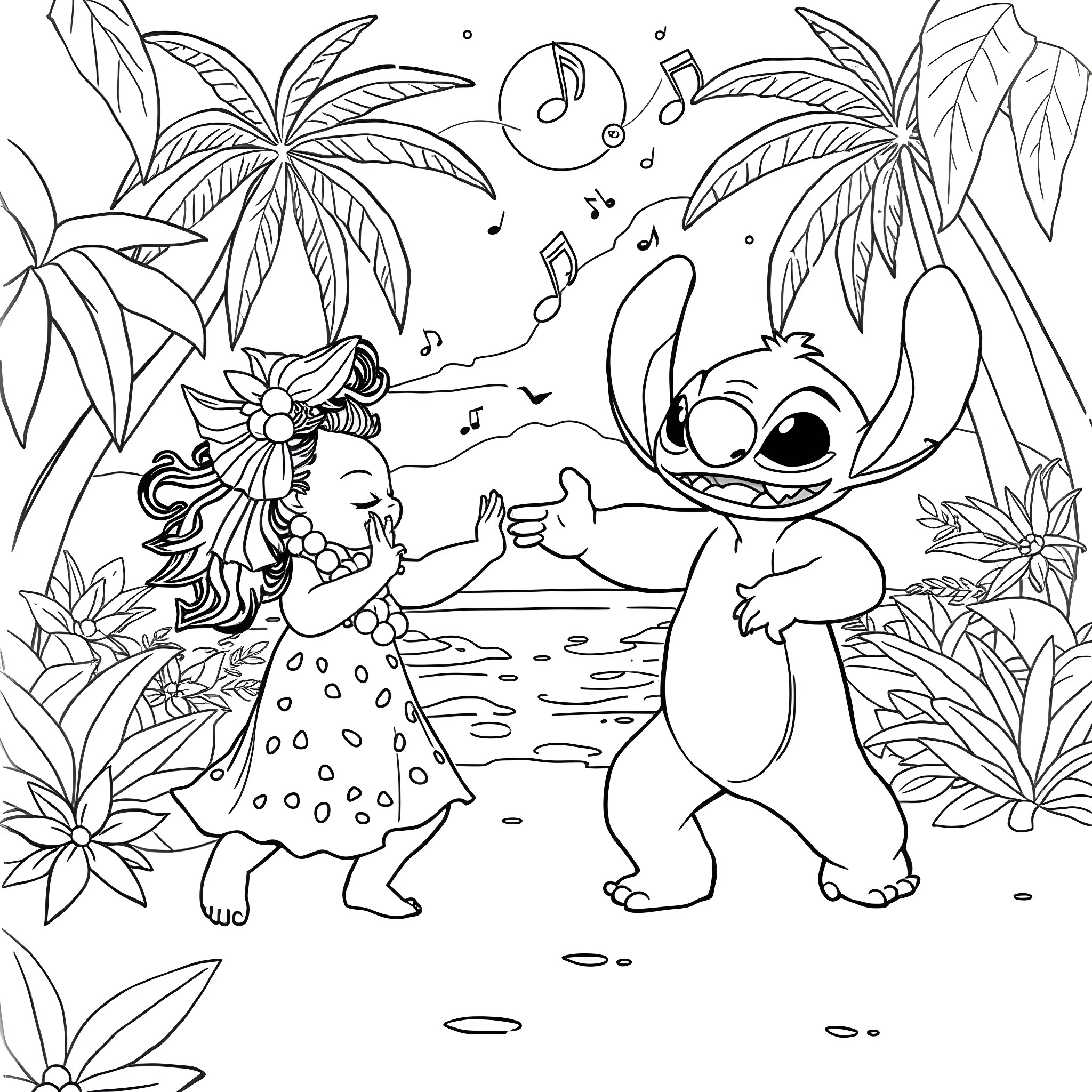 Lilo dancing with Stitch in a tropical paradise Coloring Page (free black-and-white line drawing printable PDF for all, from beginners to advanced learners, including children, teens, adults, and seniors)