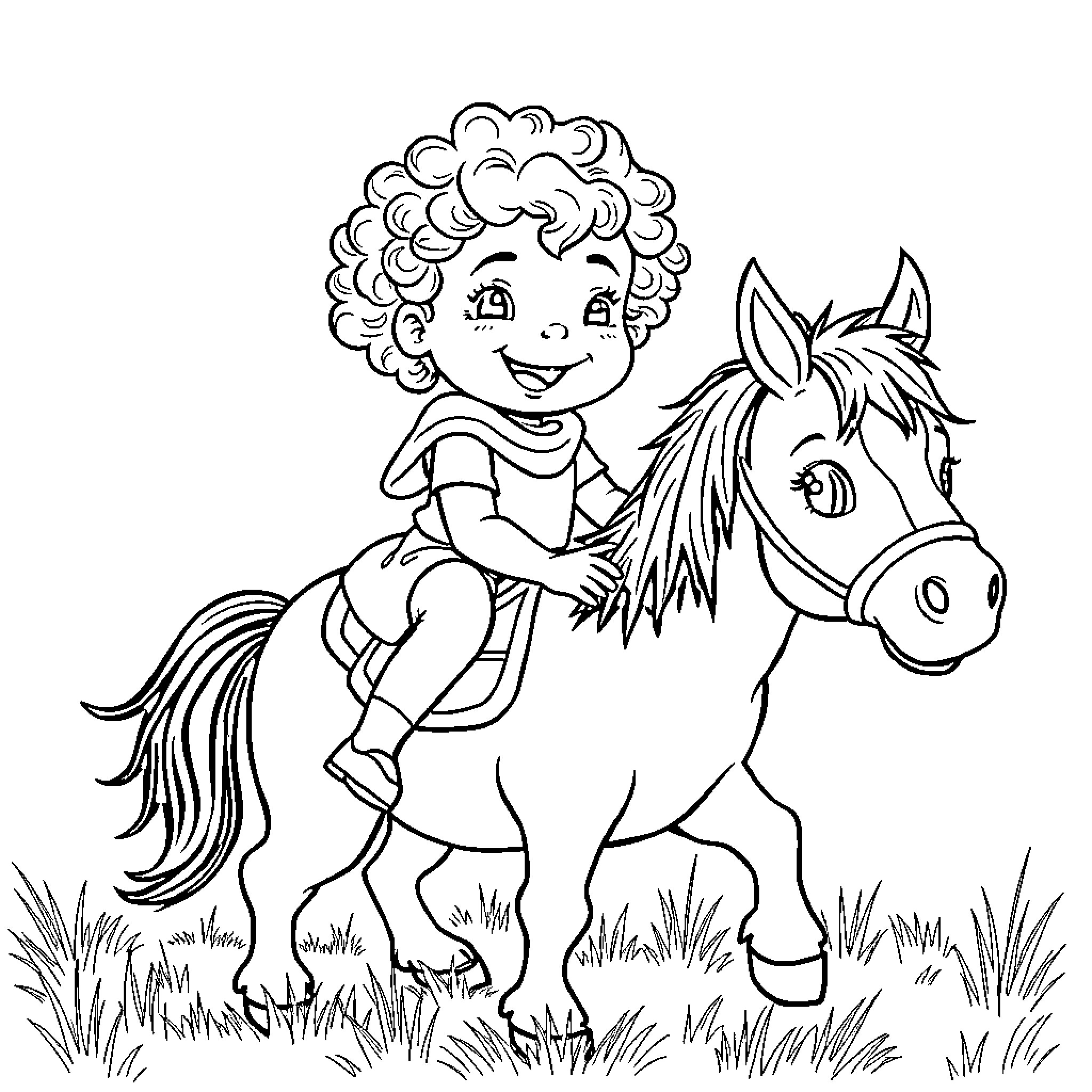 Girl riding a happy pony in the meadow Coloring Page (free black-and-white line drawing printable PDF for all, from beginners to advanced learners, including children, teens, adults, and seniors)