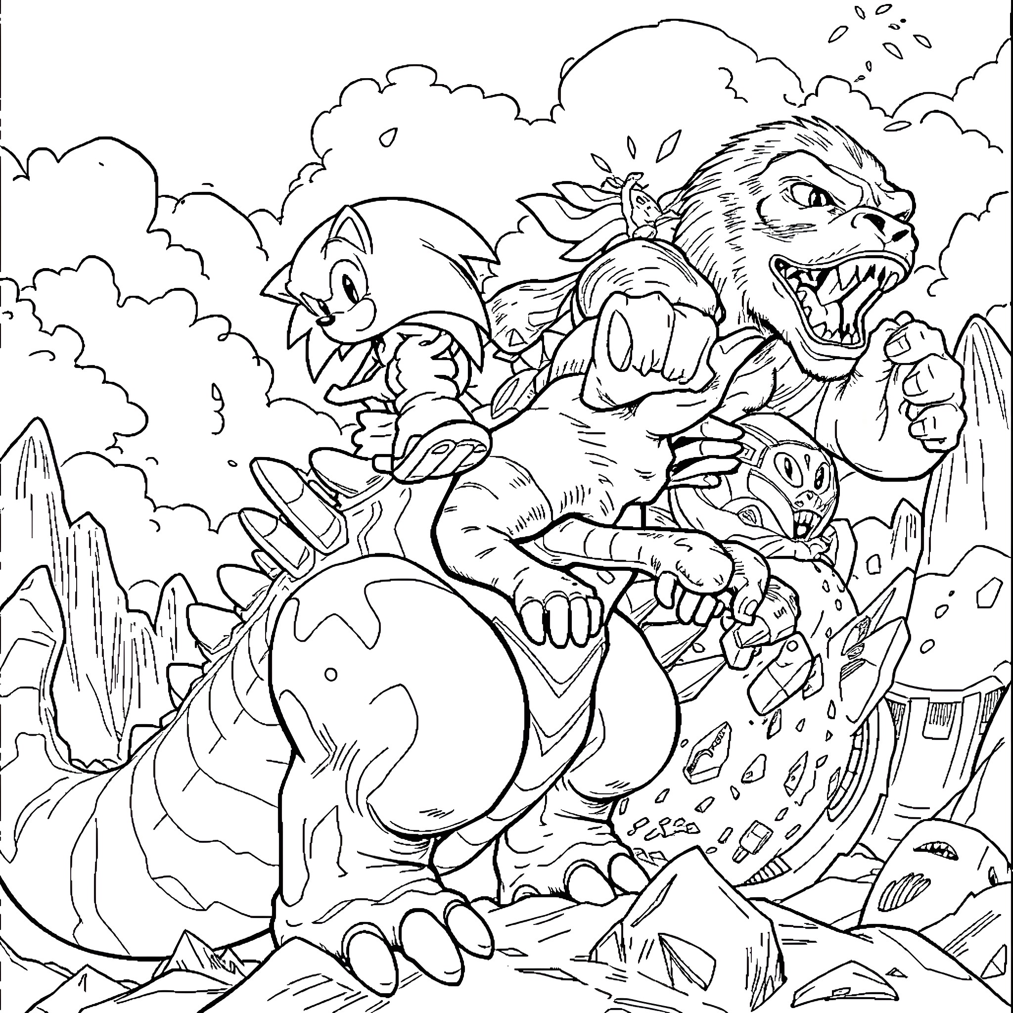 Sonic and friends face off against fearsome enemies Coloring Page (free black-and-white line drawing printable PDF for all, from beginners to advanced learners, including children, teens, adults, and seniors)