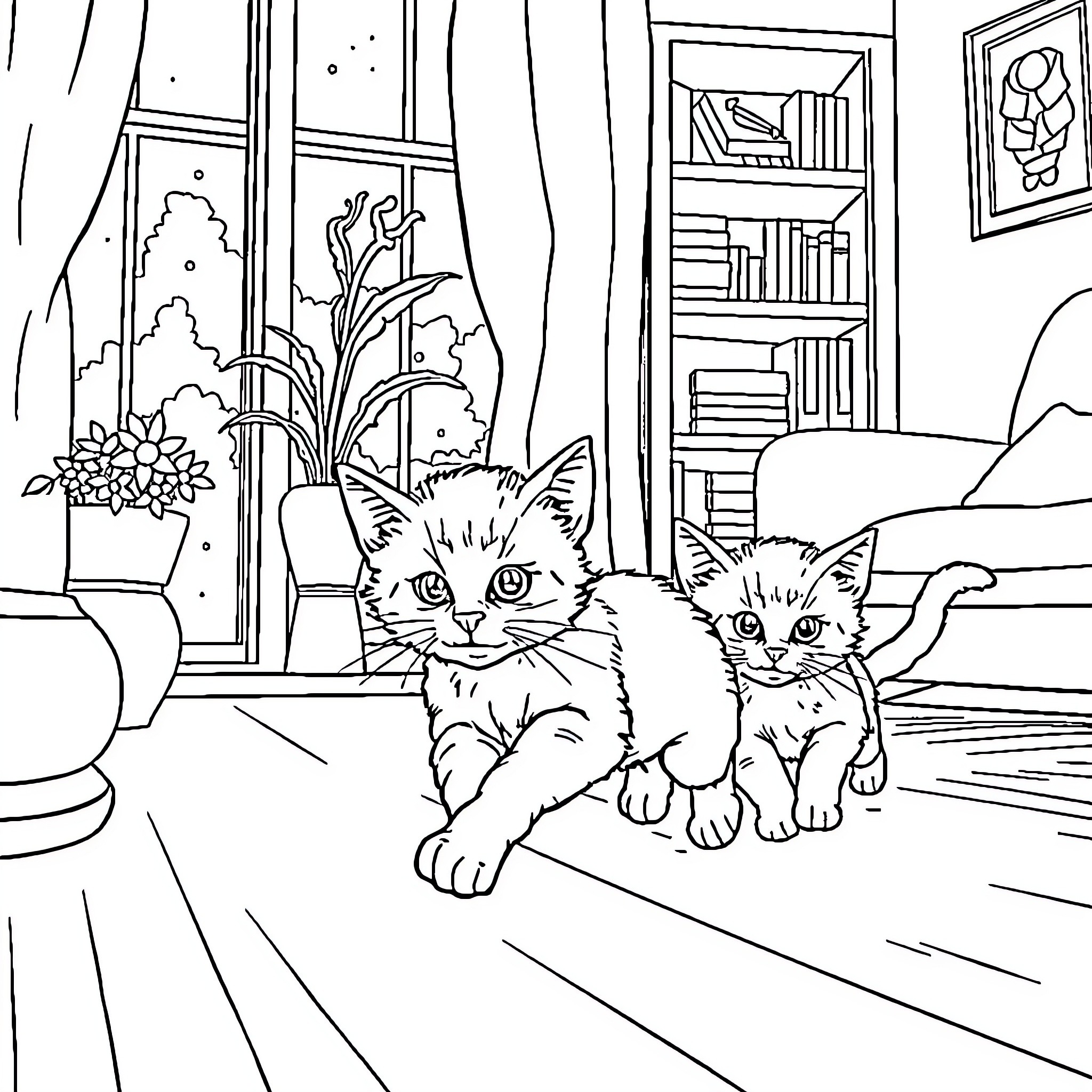 Kittens Relaxing in Cozy Home Coloring Page (free black-and-white line drawing printable PDF for all, from beginners to advanced learners, including children, teens, adults, and seniors)