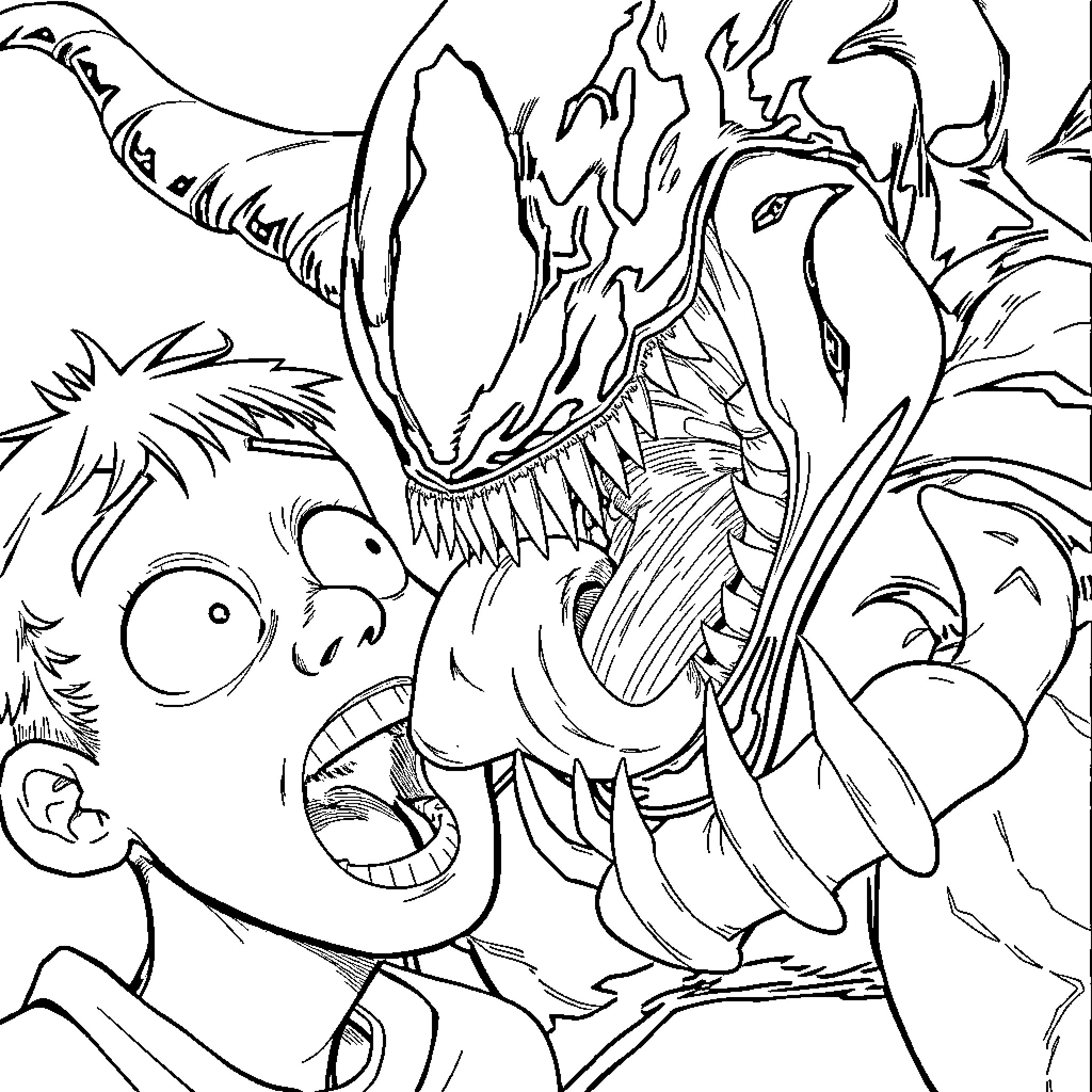 Venom-inspired character facing a monstrous creature Coloring Page (free black-and-white line drawing printable PDF for all, from beginners to advanced learners, including children, teens, adults, and seniors)