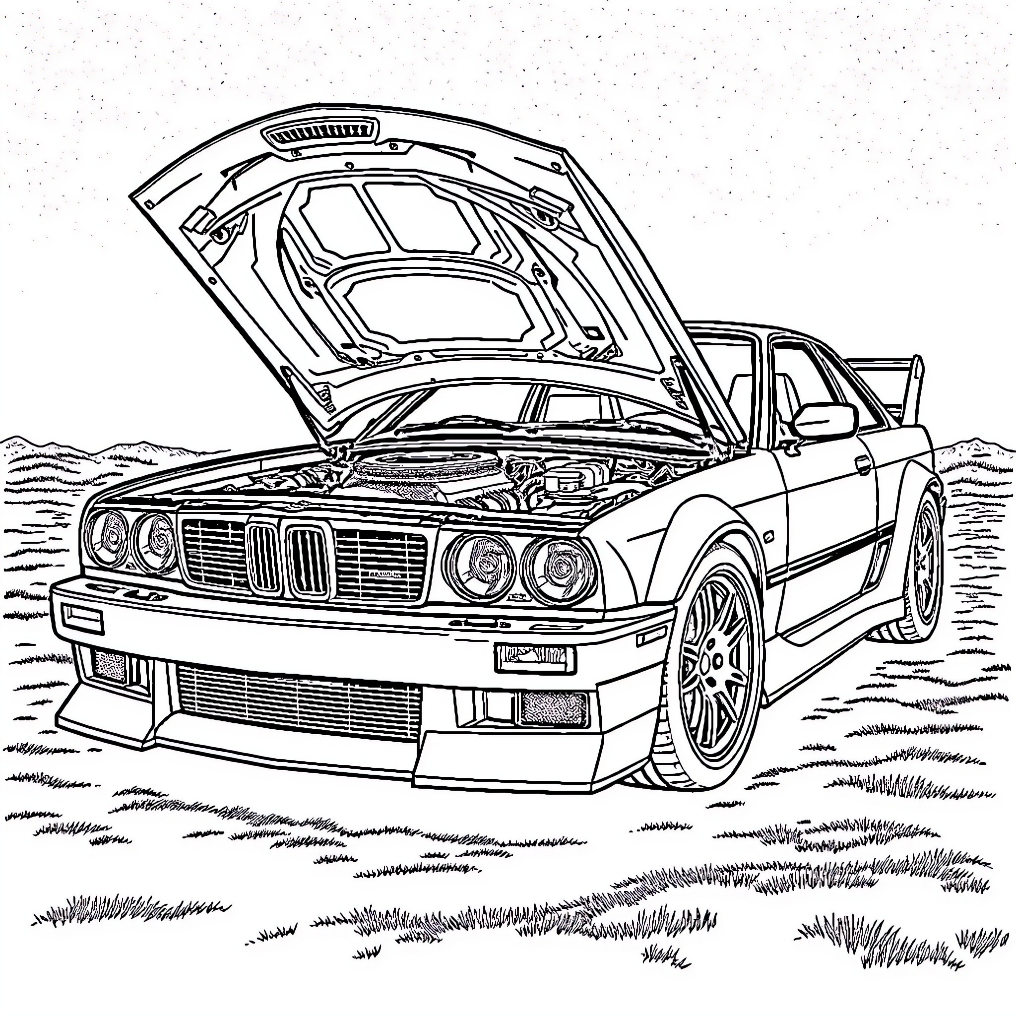 Wolf's Powerful Sports Car in Meadow Coloring Page (free black-and-white line drawing printable PDF for all, from beginners to advanced learners, including children, teens, adults, and seniors)