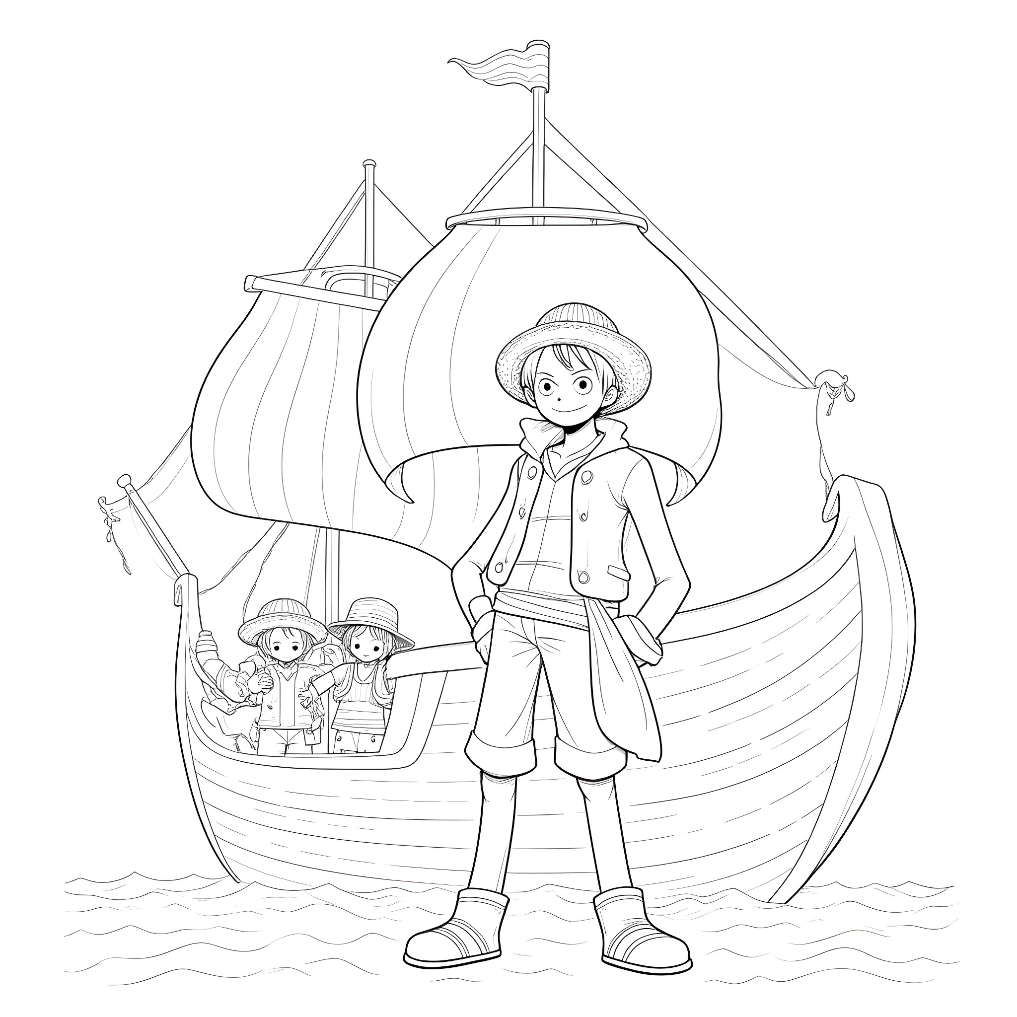 Straw Hat Luffy on a Pirate Ship Adventure Coloring Page (free black-and-white line drawing printable PDF for all, from beginners to advanced learners, including children, teens, adults, and seniors)