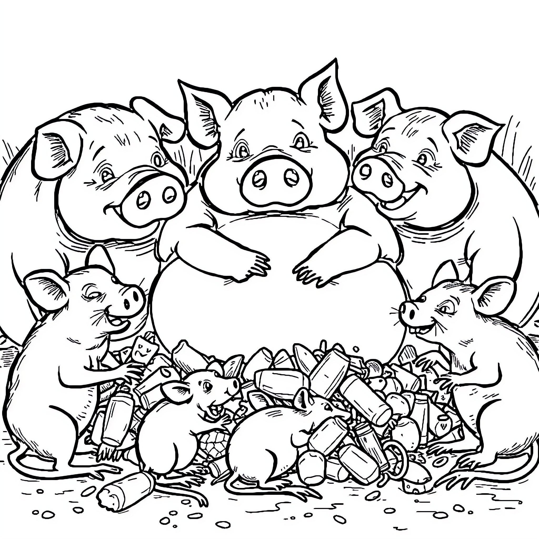 Pig pals gathered around a big pile Coloring Page (free black-and-white line drawing printable PDF for all, from beginners to advanced learners, including children, teens, adults, and seniors)
