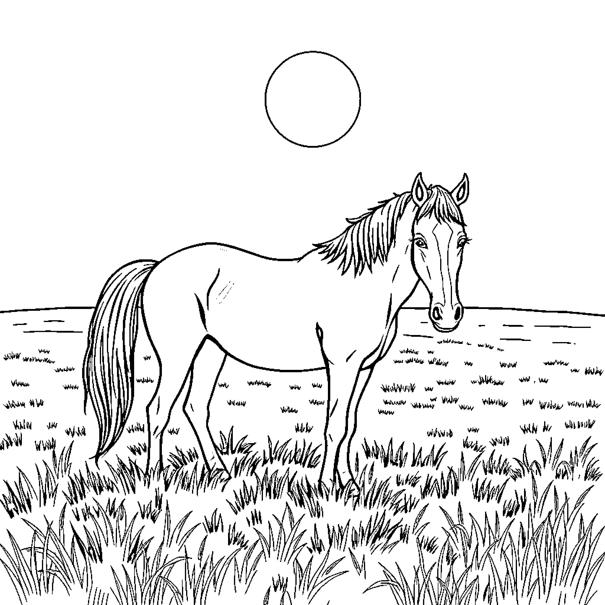 Horse standing gracefully in the meadow Coloring Page (free black-and-white line drawing printable PDF for all, from beginners to advanced learners, including children, teens, adults, and seniors)