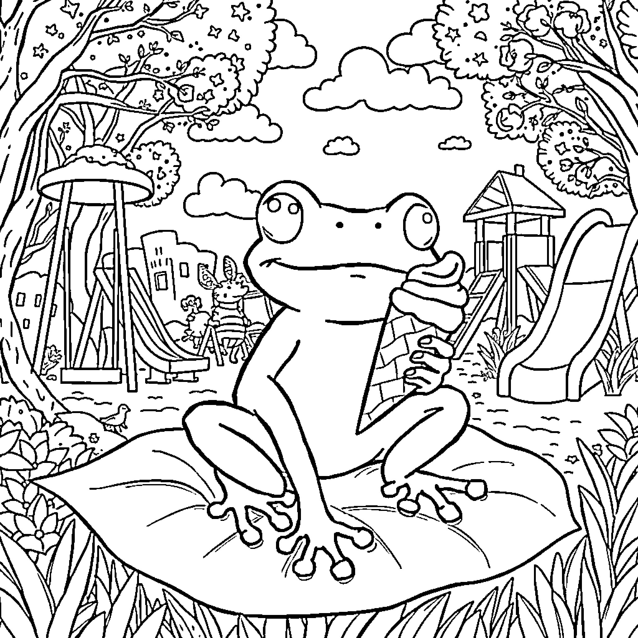 Frog enjoying a day at the playground Coloring Page (free black-and-white line drawing printable PDF for all, from beginners to advanced learners, including children, teens, adults, and seniors)