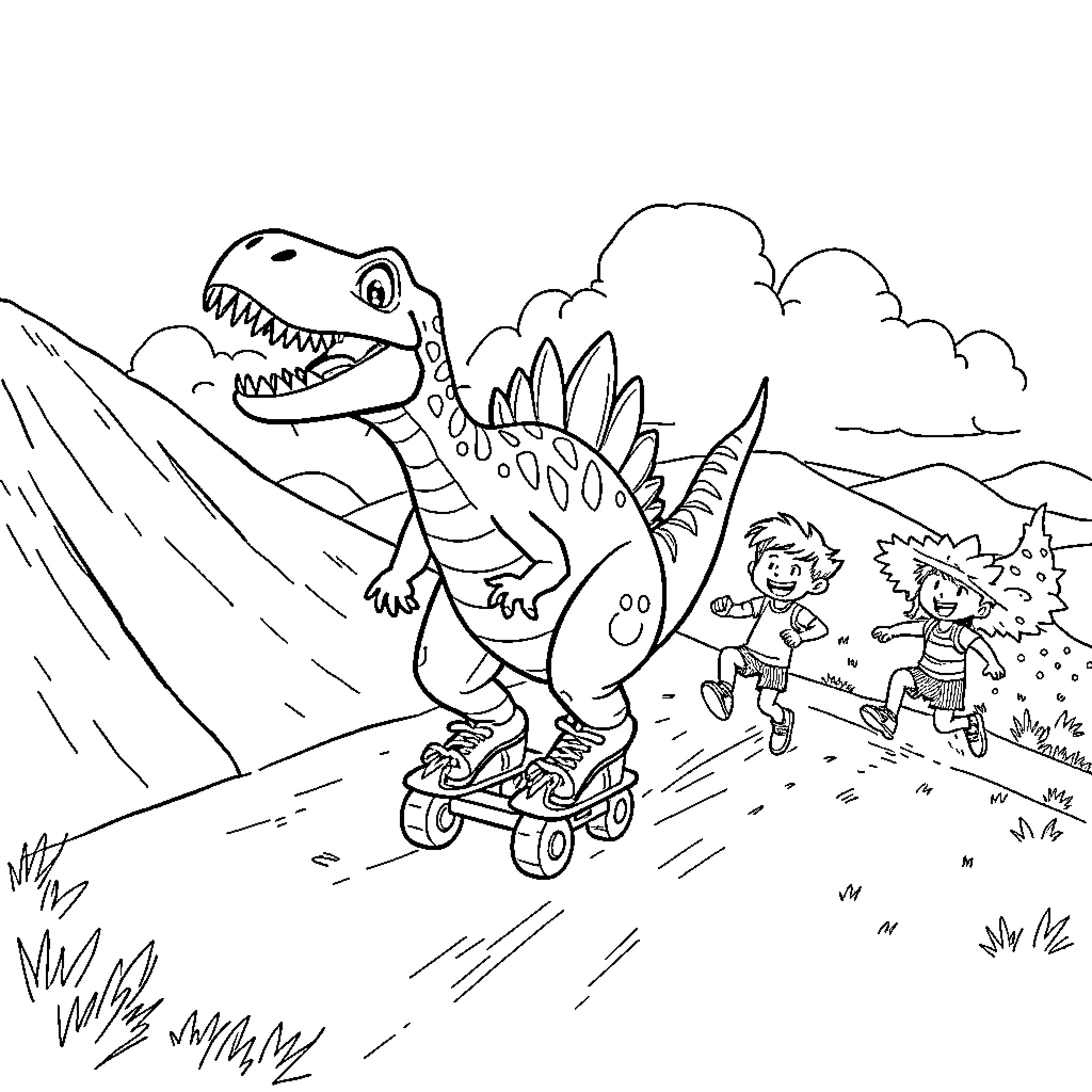 Dinosaur chasing playful children on skateboards Coloring Page (free black-and-white line drawing printable PDF for all, from beginners to advanced learners, including children, teens, adults, and seniors)