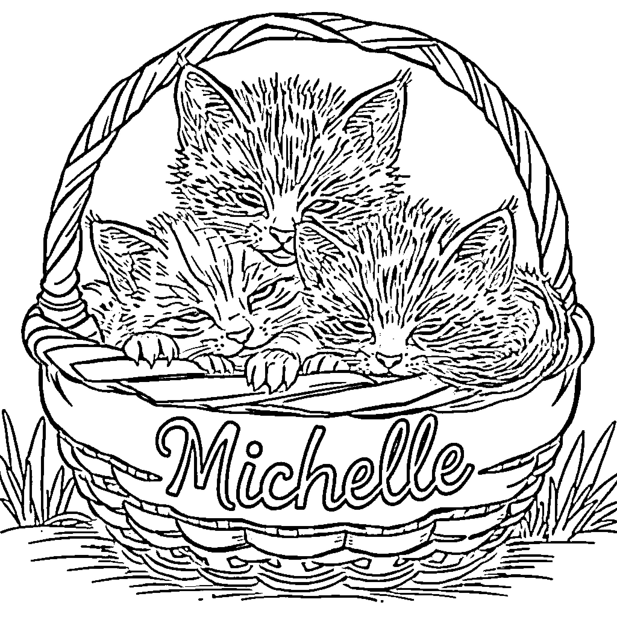 Kitten siblings napping cozily in a basket Coloring Page (free black-and-white line drawing printable PDF for all, from beginners to advanced learners, including children, teens, adults, and seniors)