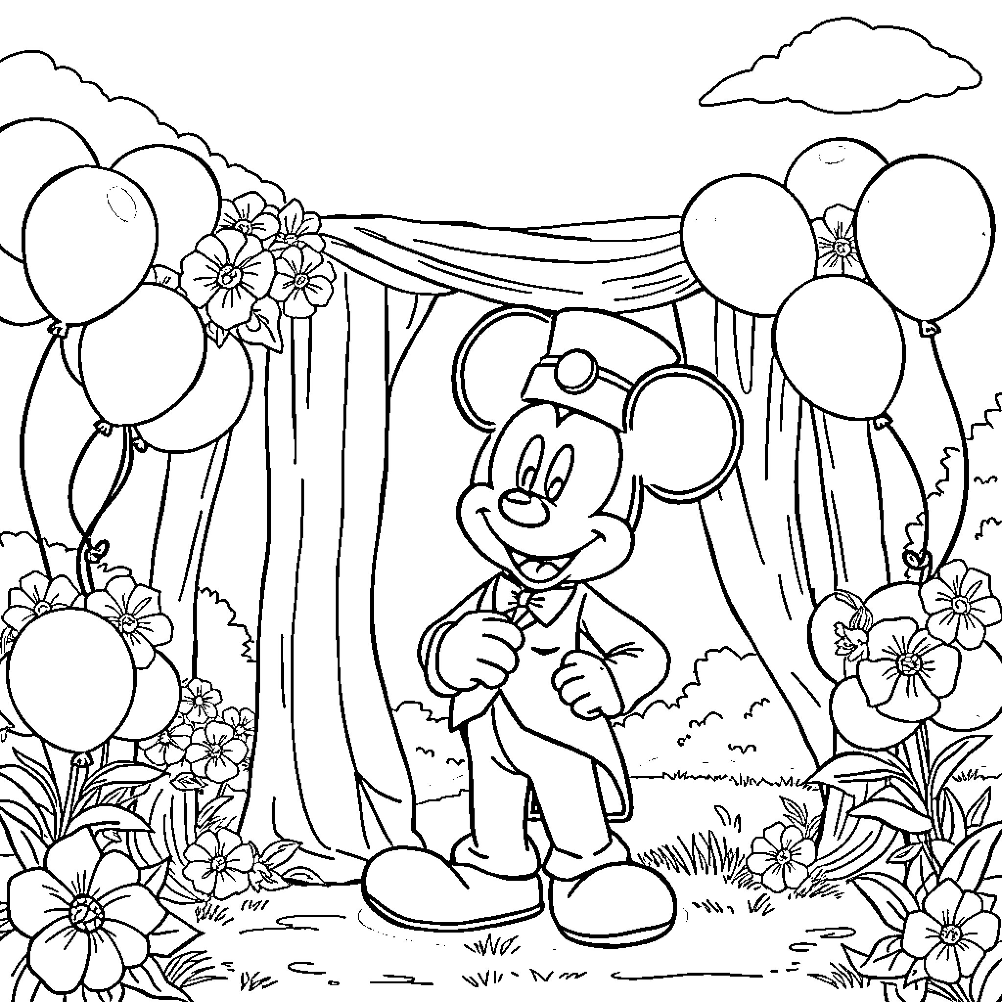 Mickey Mouse enjoying nature with balloons and flowers Coloring Page (free black-and-white line drawing printable PDF for all, from beginners to advanced learners, including children, teens, adults, and seniors)