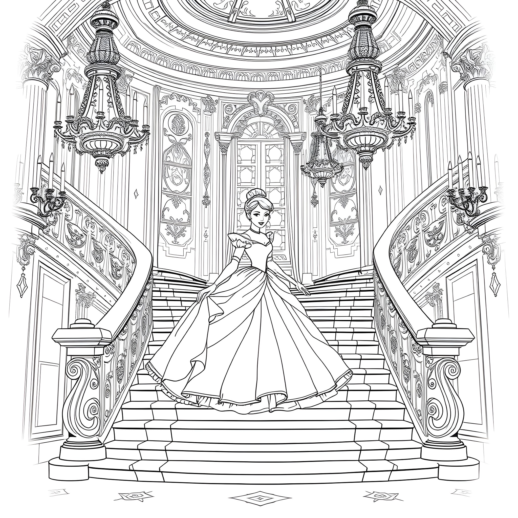 Cinderella ascending the grand staircase in a palace Coloring Page (free black-and-white line drawing printable PDF for all, from beginners to advanced learners, including children, teens, adults, and seniors)