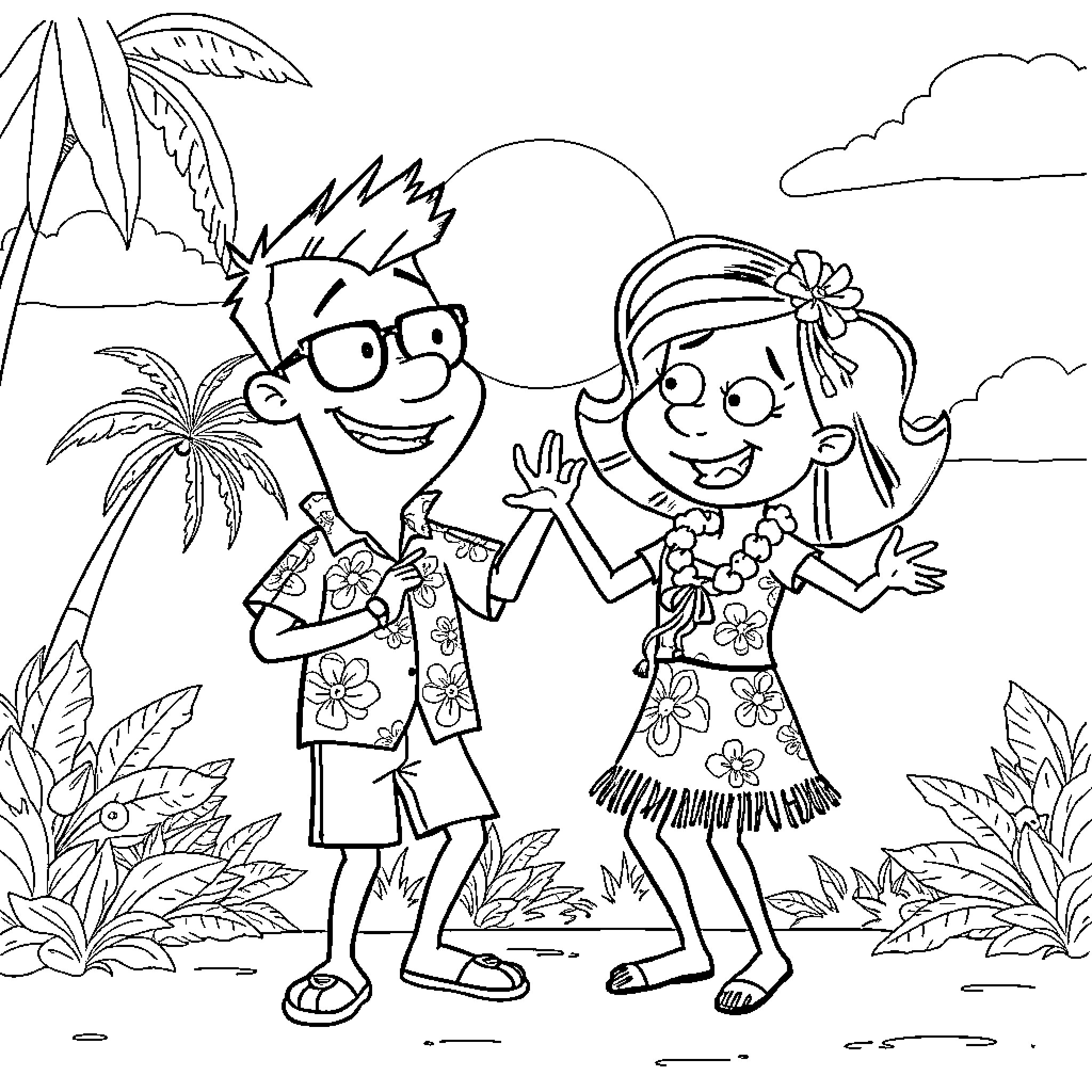 Phineas and Ferb's Tropical Adventure Coloring Page (free black-and-white line drawing printable PDF for all, from beginners to advanced learners, including children, teens, adults, and seniors)