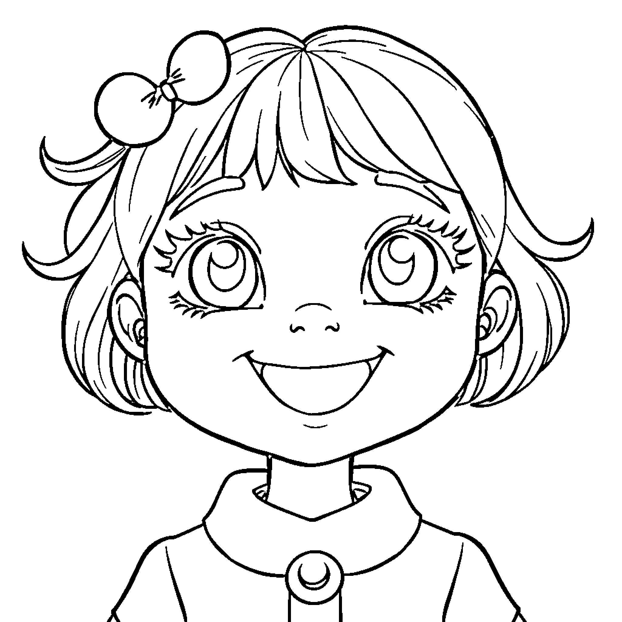 Girl with Joyful Smile and Playful Hairstyle Coloring Page (free black-and-white line drawing printable PDF for all, from beginners to advanced learners, including children, teens, adults, and seniors)