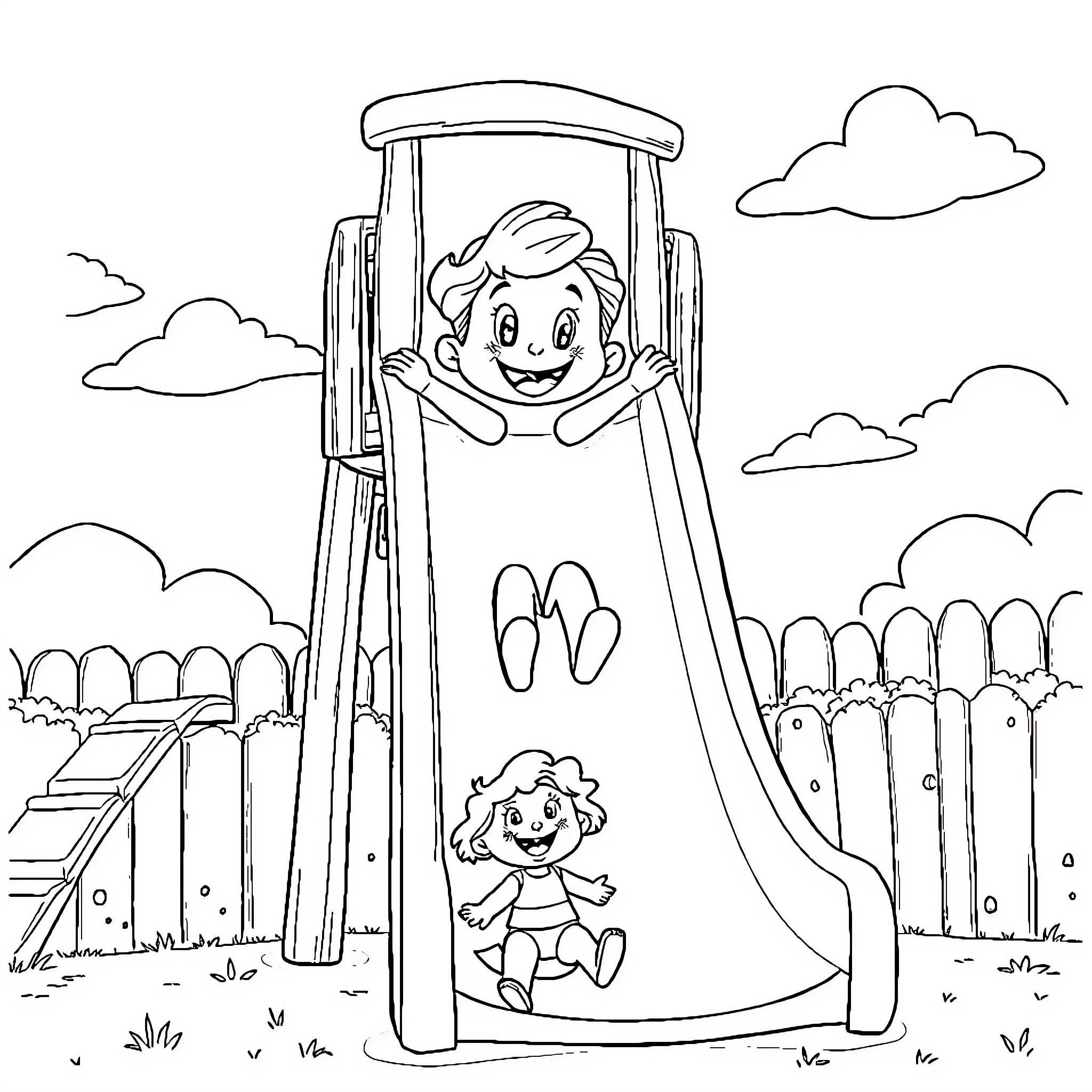 Bluey playing joyfully on a slide with friends Coloring Page (free black-and-white line drawing printable PDF for all, from beginners to advanced learners, including children, teens, adults, and seniors)