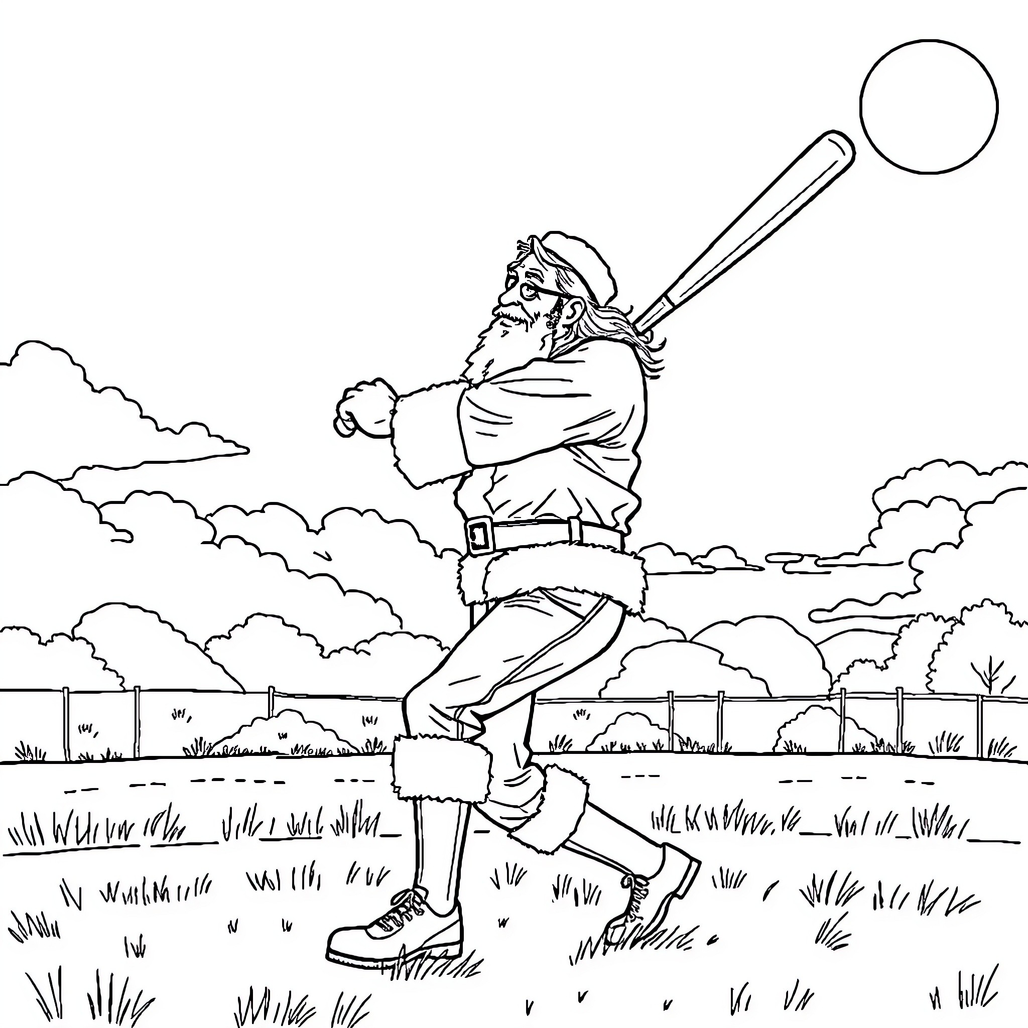 Geddy Lee Swinging Baseball Bat on Field Coloring Page (free black-and-white line drawing printable PDF for all, from beginners to advanced learners, including children, teens, adults, and seniors)