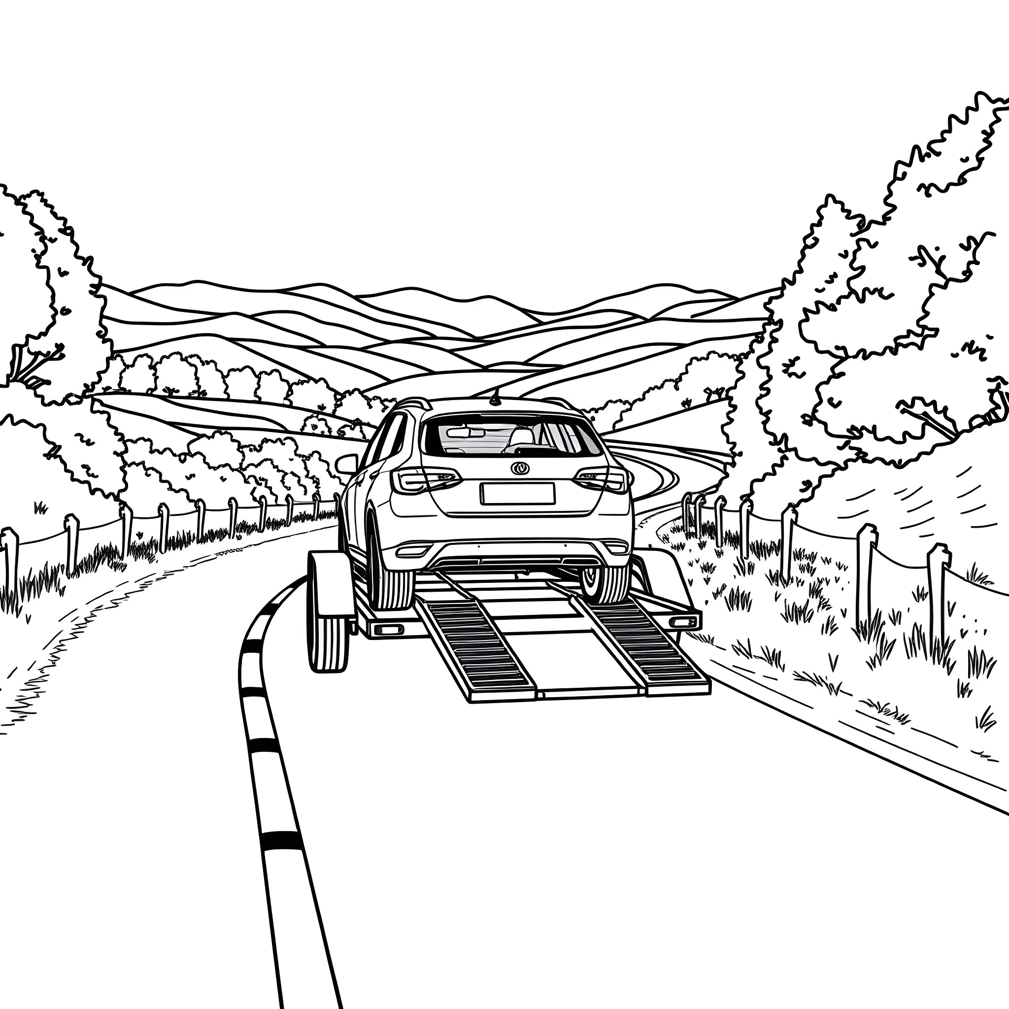 Car Trailer Transporting Vehicle on Winding Road Coloring Page (free black-and-white line drawing printable PDF for all, from beginners to advanced learners, including children, teens, adults, and seniors)