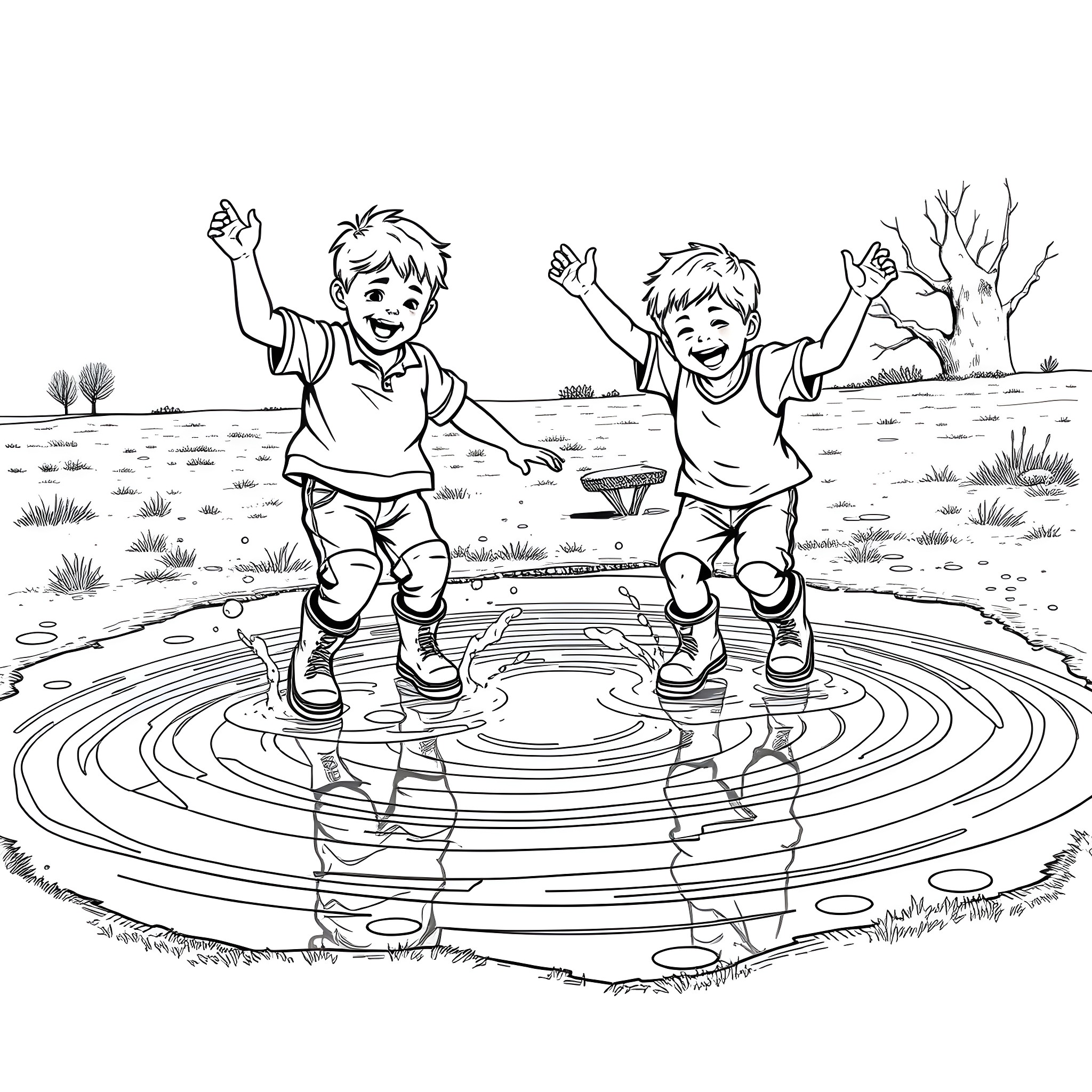 Boys happily jumping in puddle Coloring Page (free black-and-white line drawing printable PDF for all, from beginners to advanced learners, including children, teens, adults, and seniors)