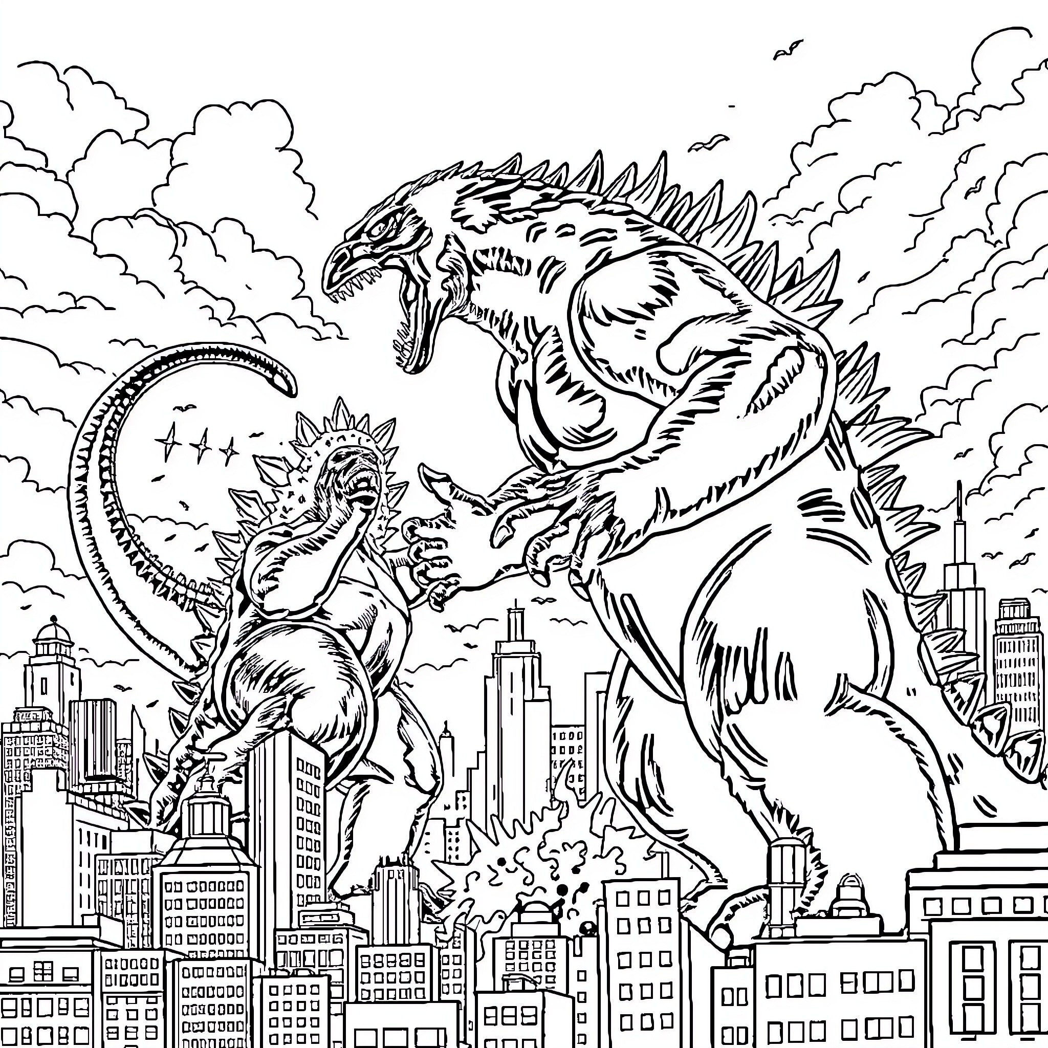 Godzilla rampaging through a city skyline Coloring Page (free black-and-white line drawing printable PDF for all, from beginners to advanced learners, including children, teens, adults, and seniors)