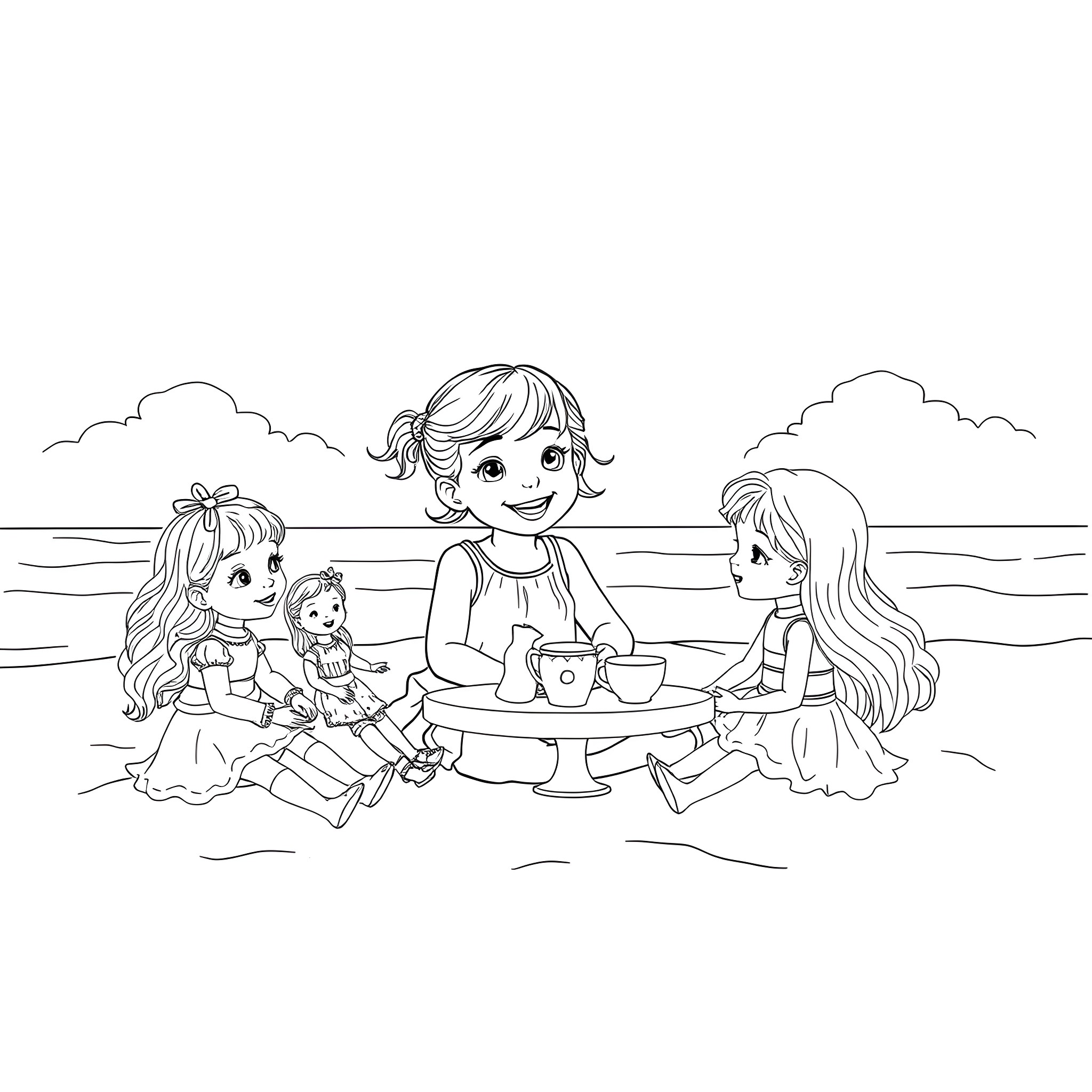 Girls having a tea party on the beach Coloring Page (free black-and-white line drawing printable PDF for all, from beginners to advanced learners, including children, teens, adults, and seniors)