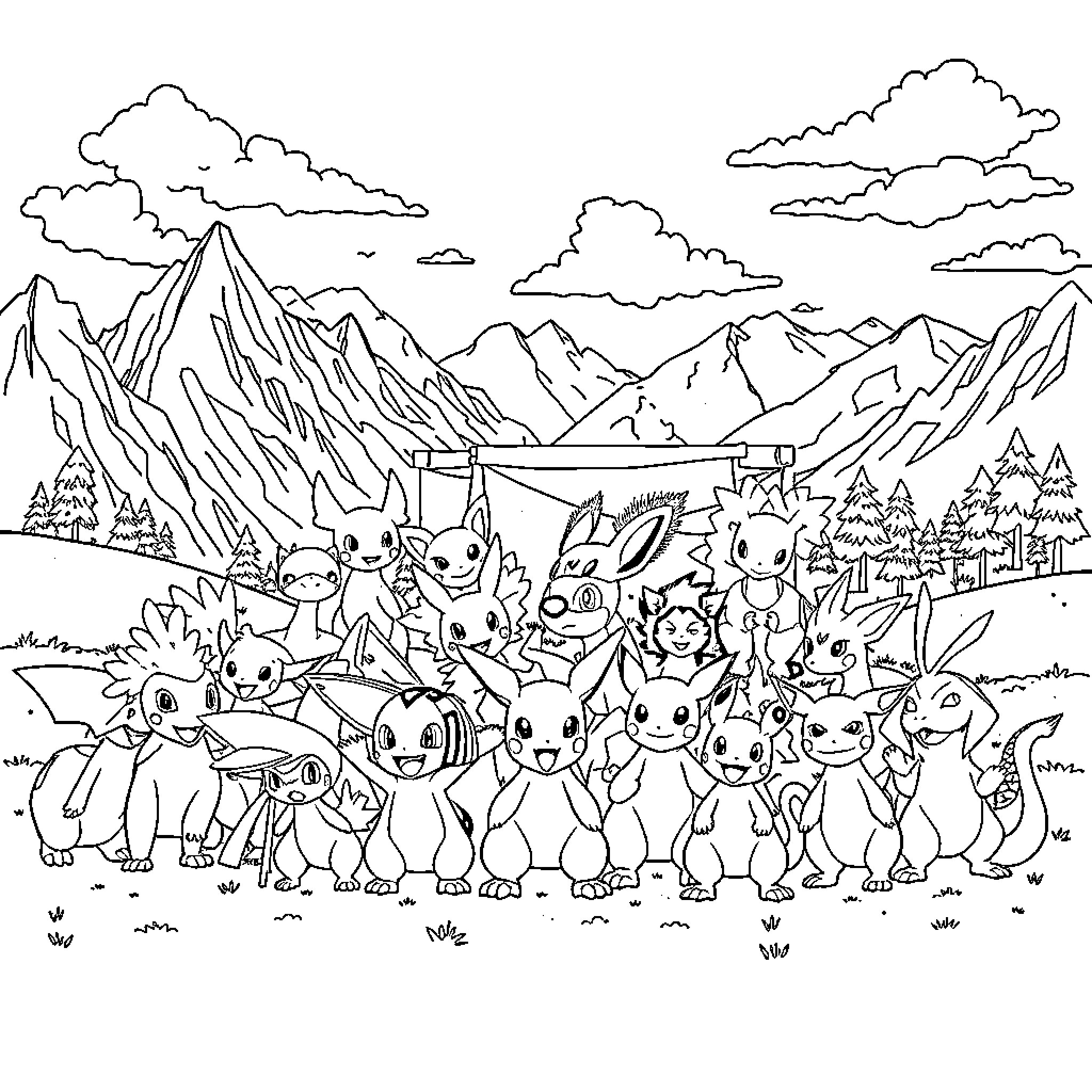 Pokémon adventure in the majestic mountains Coloring Page (free black-and-white line drawing printable PDF for all, from beginners to advanced learners, including children, teens, adults, and seniors)