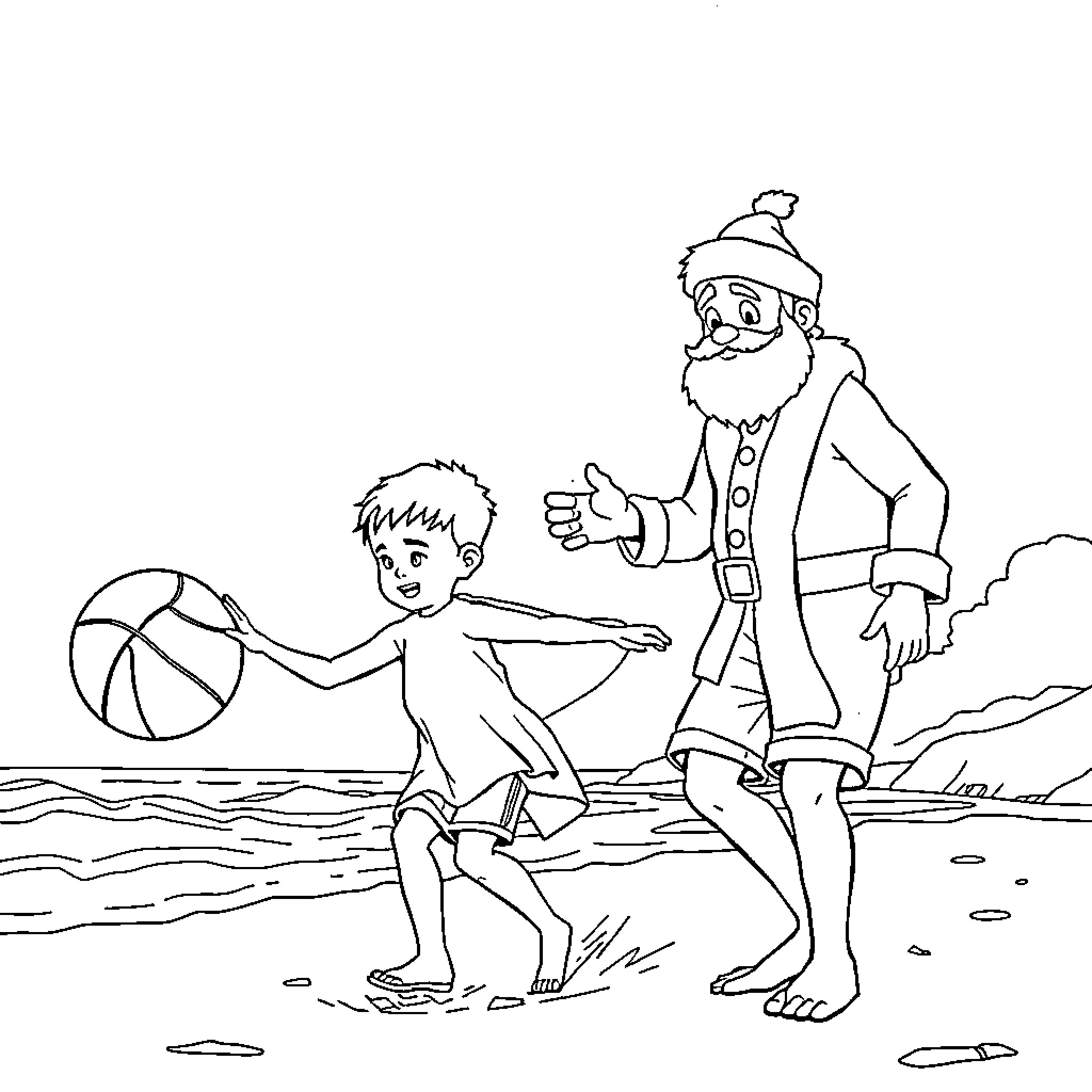 Niño juega con Santa Claus en la playa Coloring Page (free black-and-white line drawing printable PDF for all, from beginners to advanced learners, including children, teens, adults, and seniors)