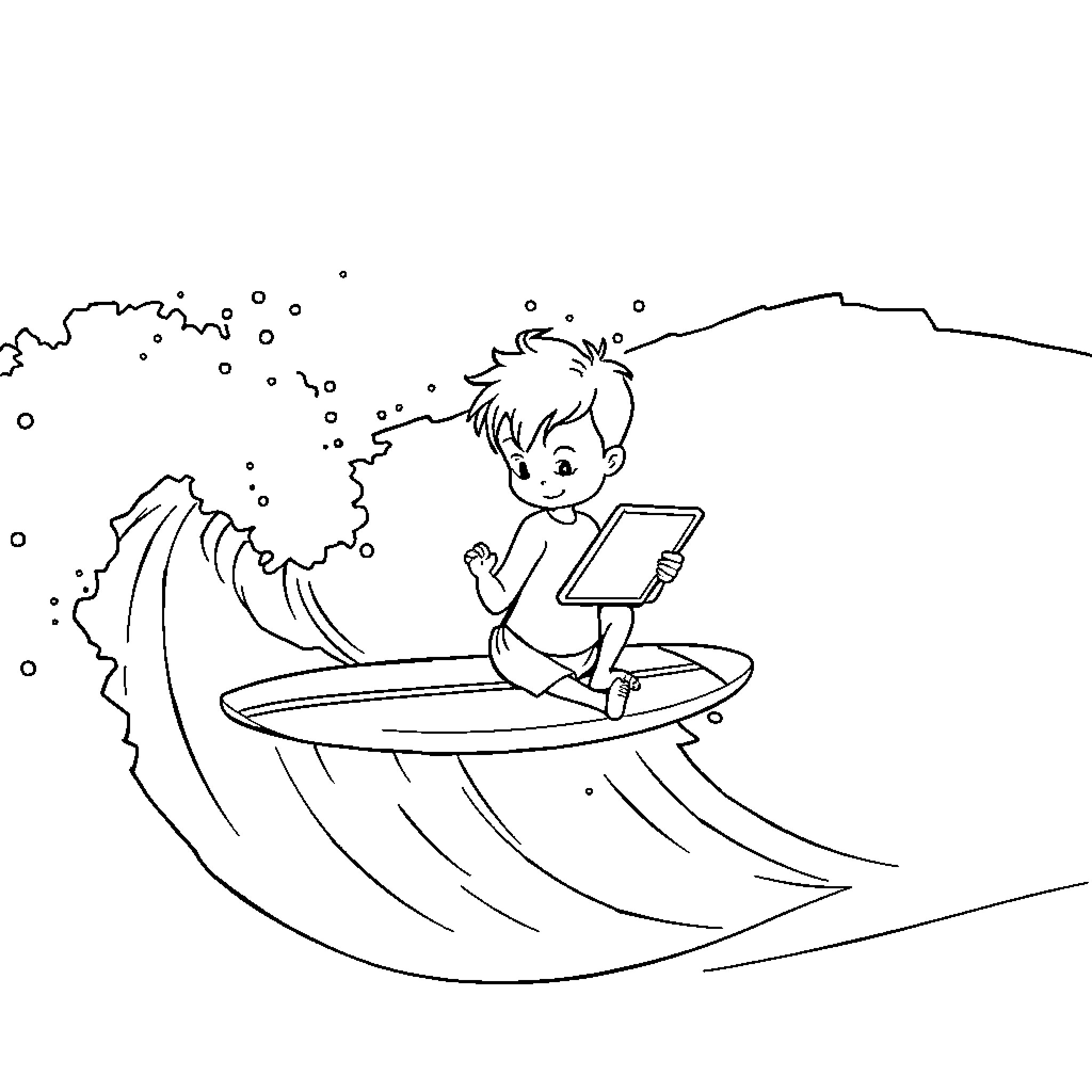 Kid reading book on surfboard in ocean Coloring Page (free black-and-white line drawing printable PDF for all, from beginners to advanced learners, including children, teens, adults, and seniors)