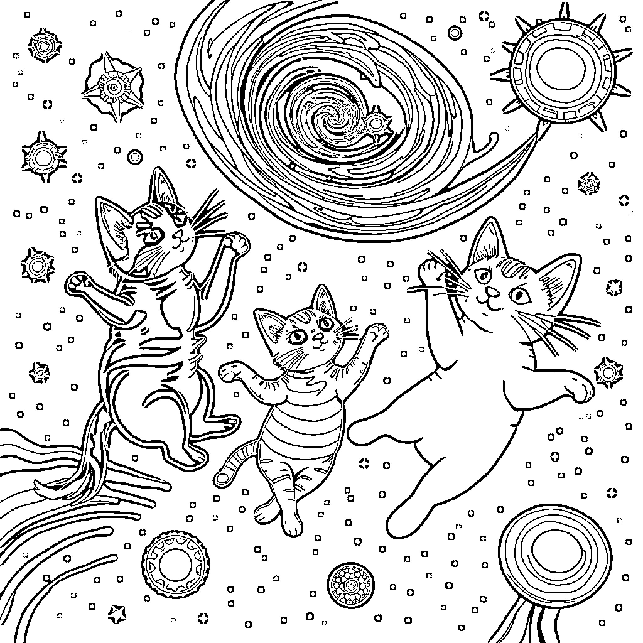 Cats Playing in Cosmic Whirlpool Coloring Page (free black-and-white line drawing printable PDF for all, from beginners to advanced learners, including children, teens, adults, and seniors)