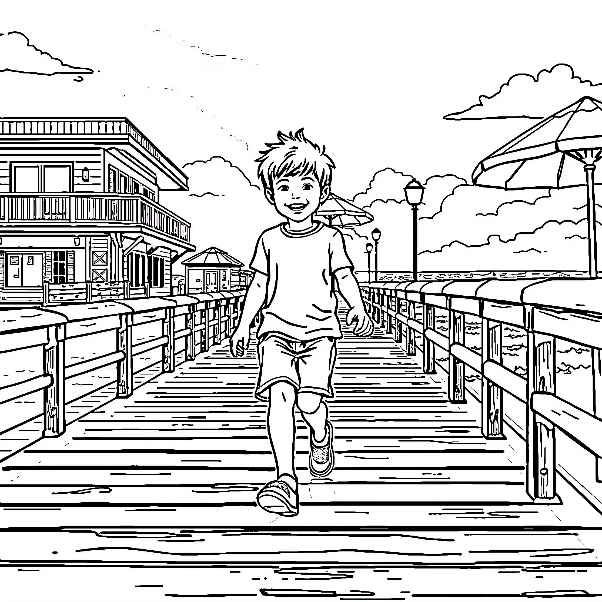 Boy strolling along a wooden pier near waterfront buildings Coloring Page (free black-and-white line drawing printable PDF for all, from beginners to advanced learners, including children, teens, adults, and seniors)