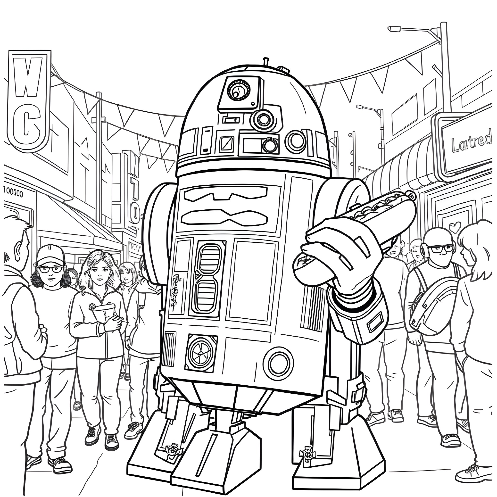 R2D2 exploring a lively street festival Coloring Page (free black-and-white line drawing printable PDF for all, from beginners to advanced learners, including children, teens, adults, and seniors)