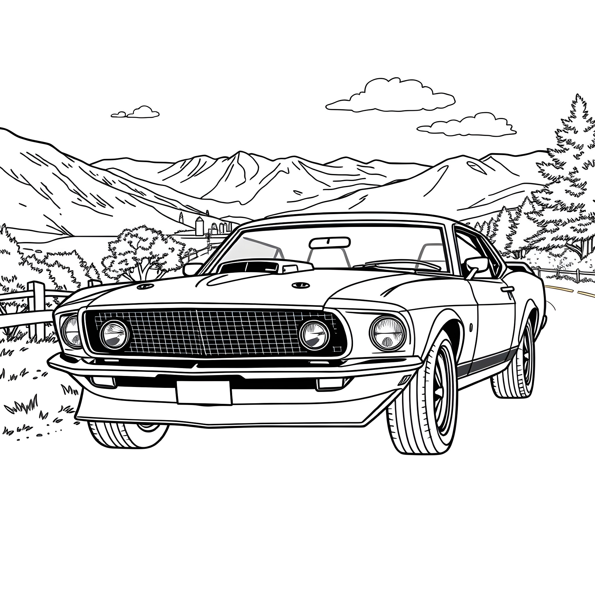 Ford Mustang sports car in a scenic mountain landscape Coloring Page (free black-and-white line drawing printable PDF for all, from beginners to advanced learners, including children, teens, adults, and seniors)