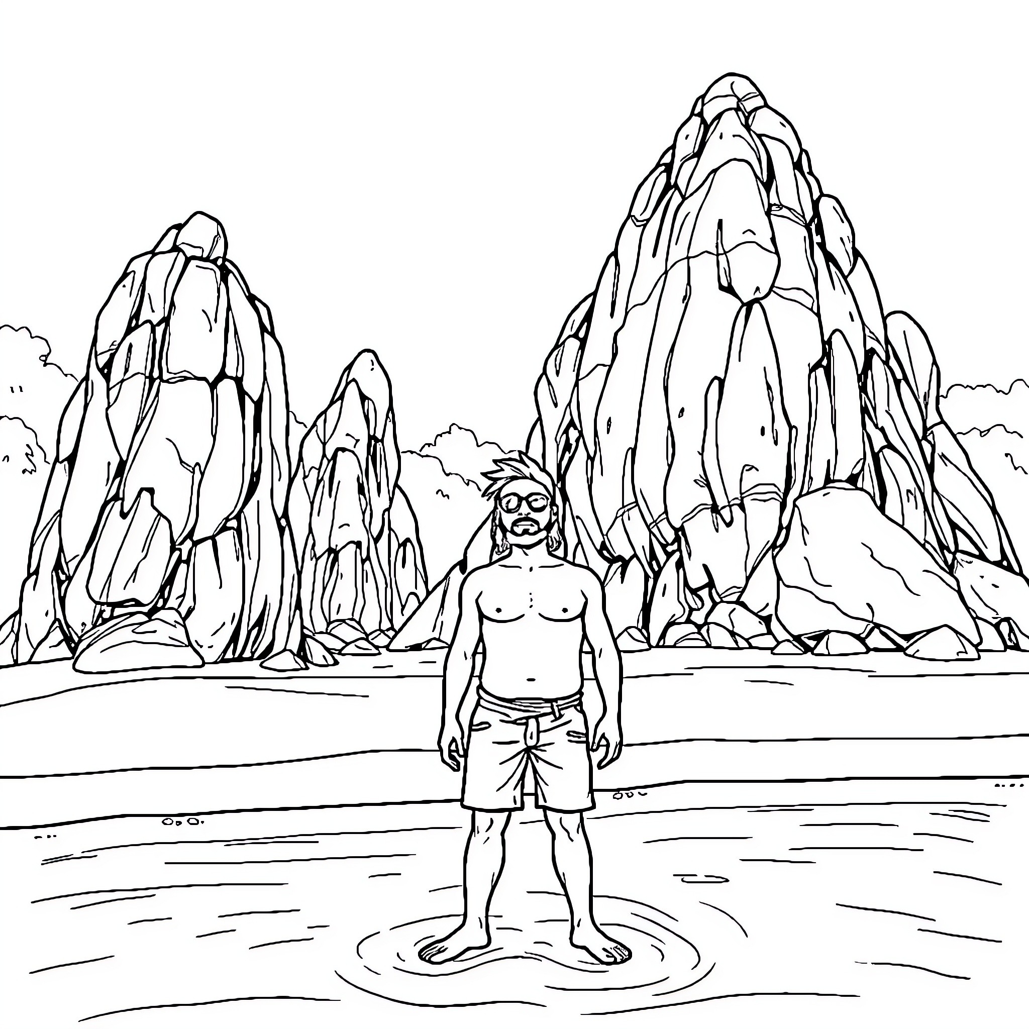 Taga exploring the rugged mountain landscape Coloring Page (free black-and-white line drawing printable PDF for all, from beginners to advanced learners, including children, teens, adults, and seniors)