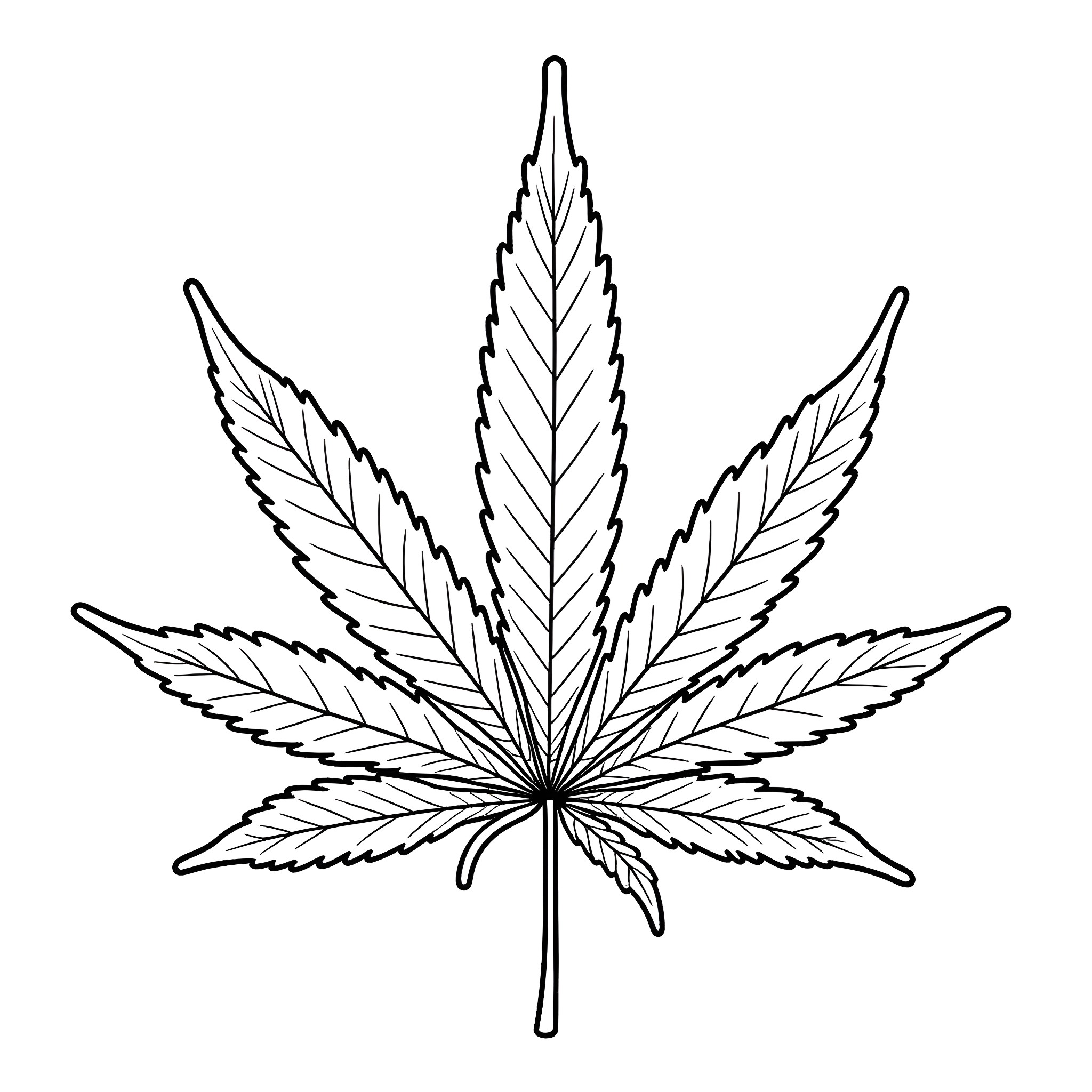 Cannabis leaf with detailed patterns Coloring Page (free black-and-white line drawing printable PDF for all, from beginners to advanced learners, including children, teens, adults, and seniors)