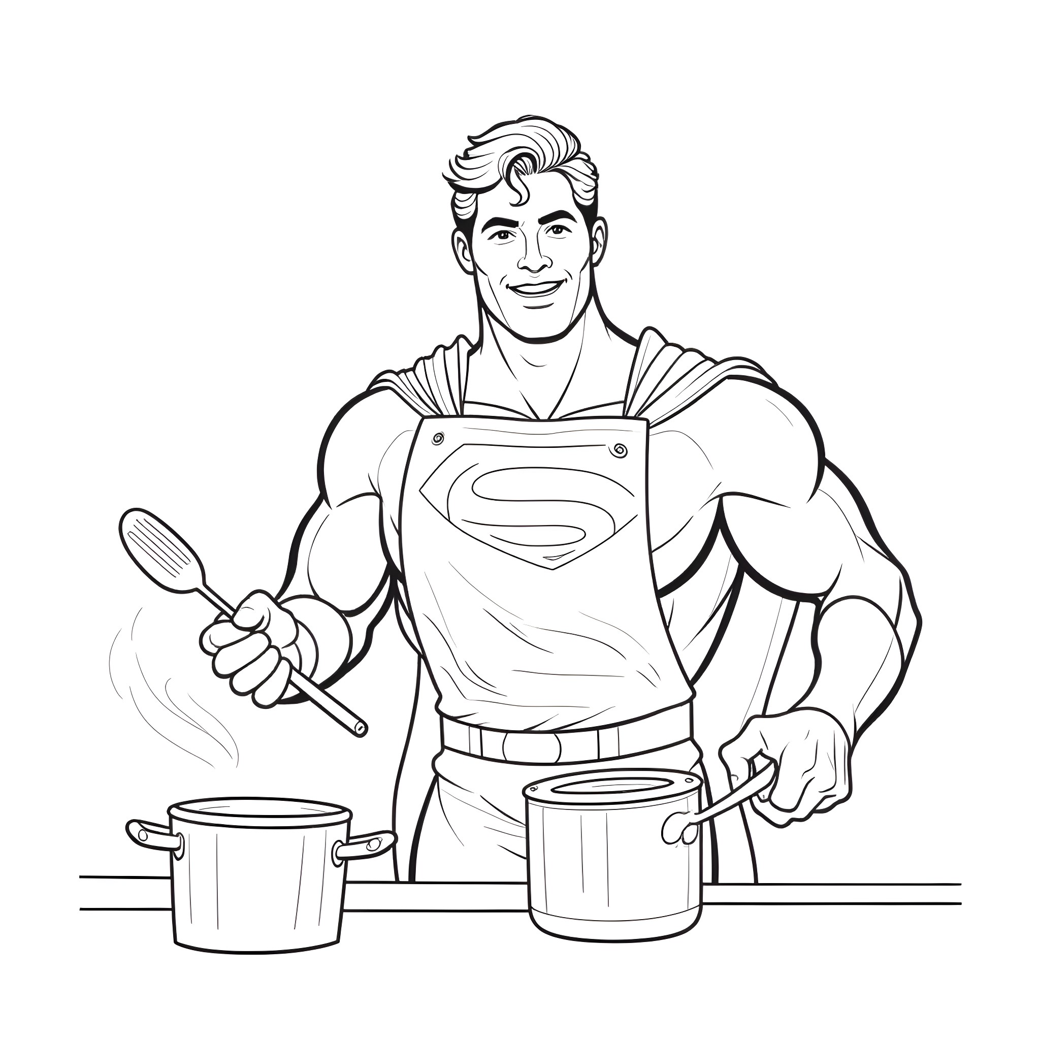 Superman cooking with enthusiasm Coloring Page (free black-and-white line drawing printable PDF for all, from beginners to advanced learners, including children, teens, adults, and seniors)
