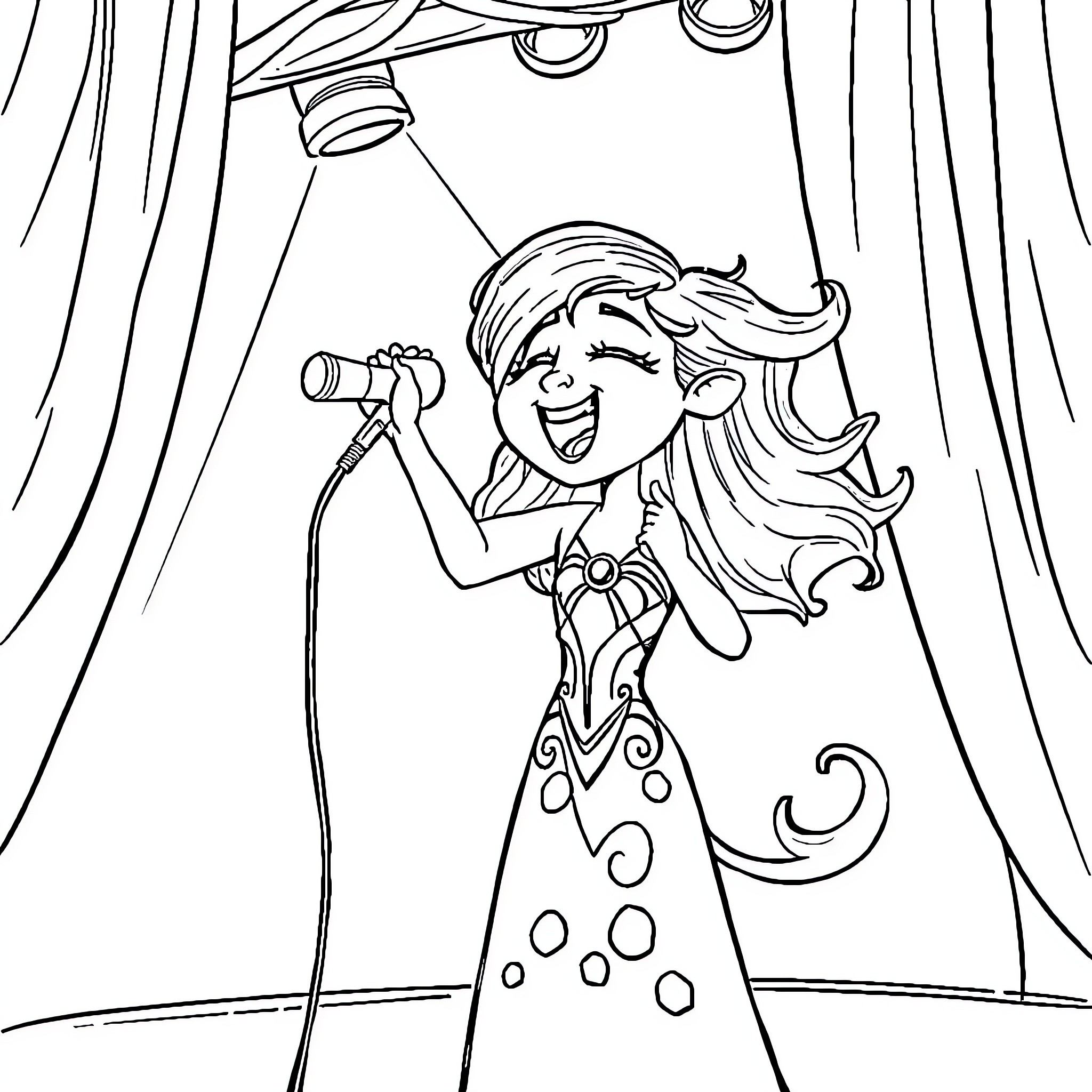 Mal Performing on Stage Coloring Page (free black-and-white line drawing printable PDF for all, from beginners to advanced learners, including children, teens, adults, and seniors)