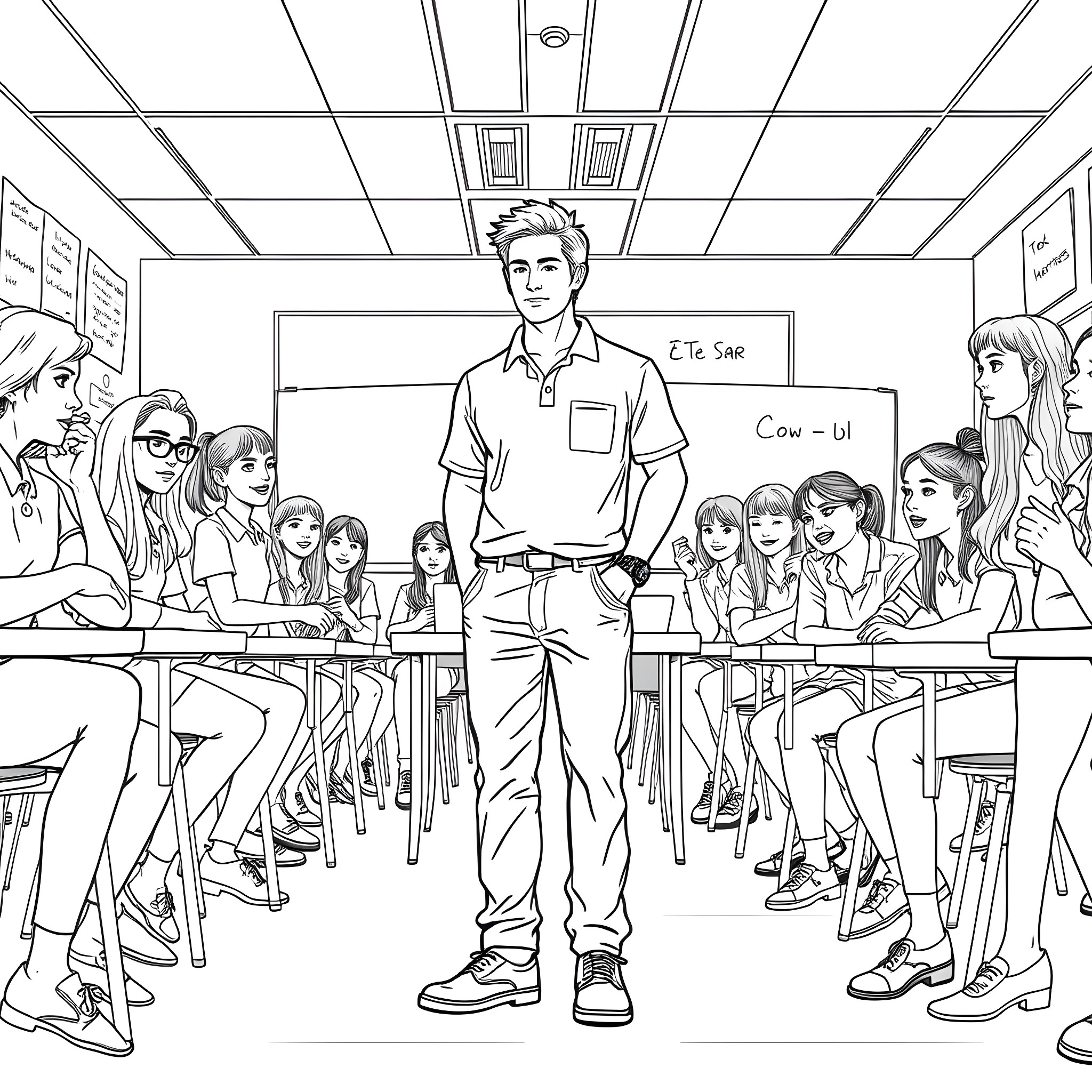 Classroom Full of Students and Teacher Coloring Page (free black-and-white line drawing printable PDF for all, from beginners to advanced learners, including children, teens, adults, and seniors)