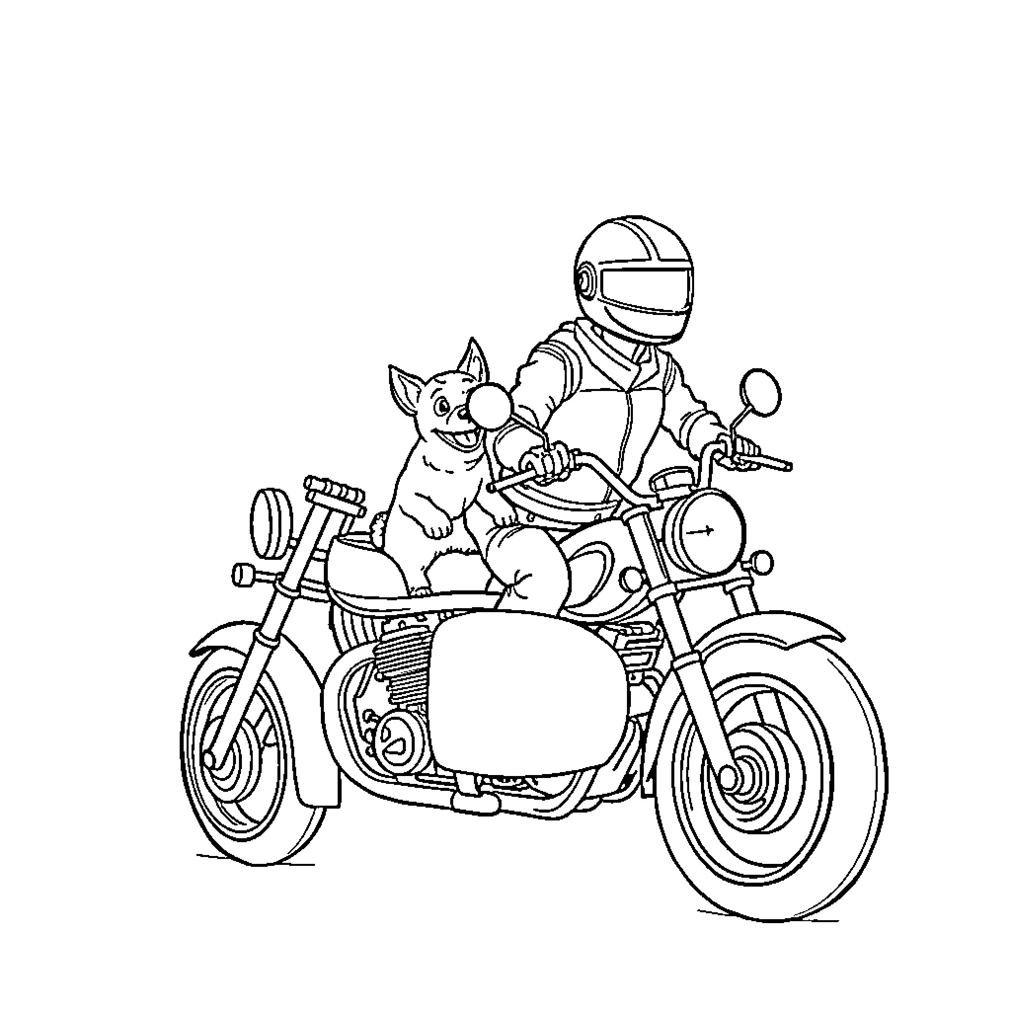 Dog riding a motorcycle with a pet Coloring Page (free black-and-white line drawing printable PDF for all, from beginners to advanced learners, including children, teens, adults, and seniors)