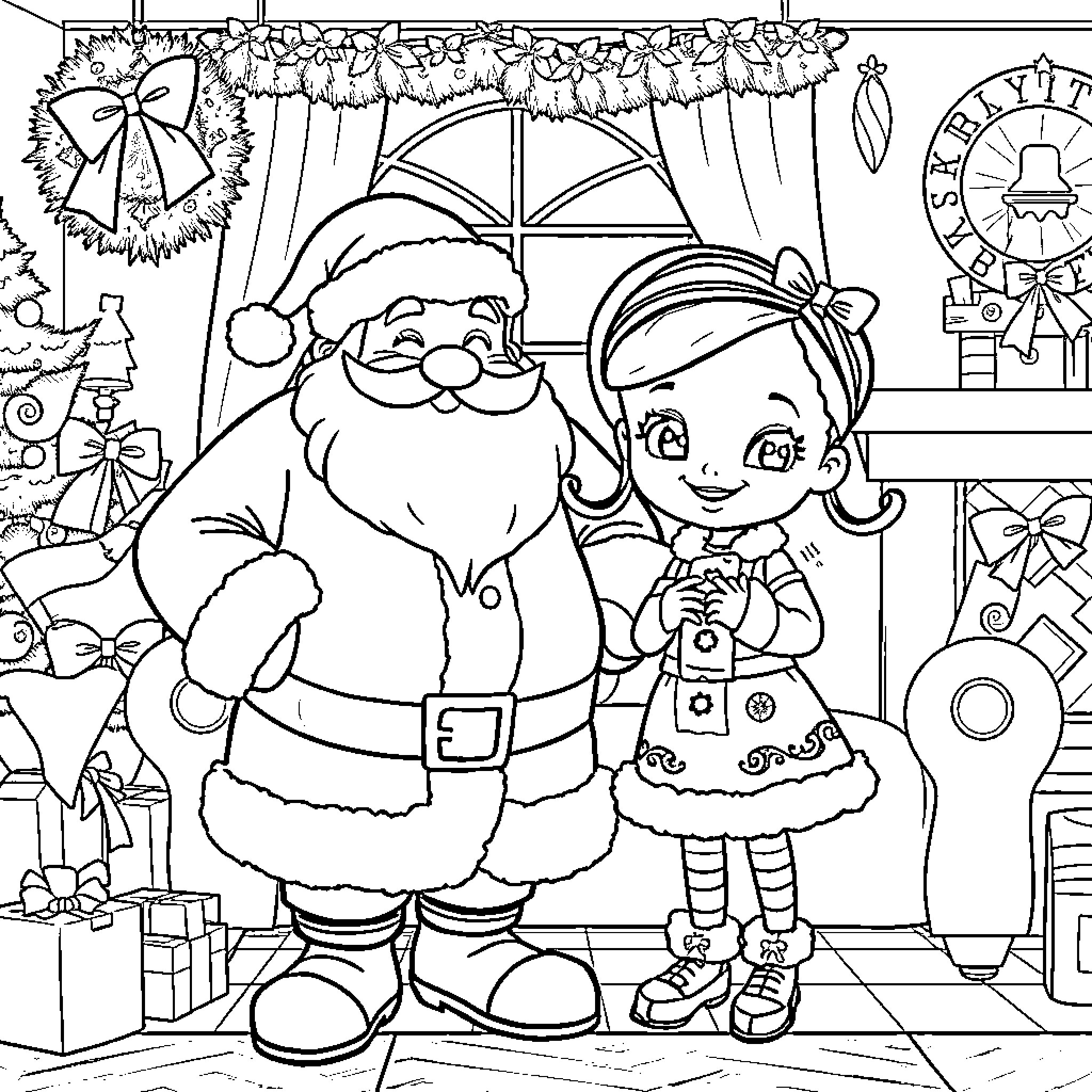 Doc McStuffins and Santa Claus celebrate Christmas Coloring Page (free black-and-white line drawing printable PDF for all, from beginners to advanced learners, including children, teens, adults, and seniors)