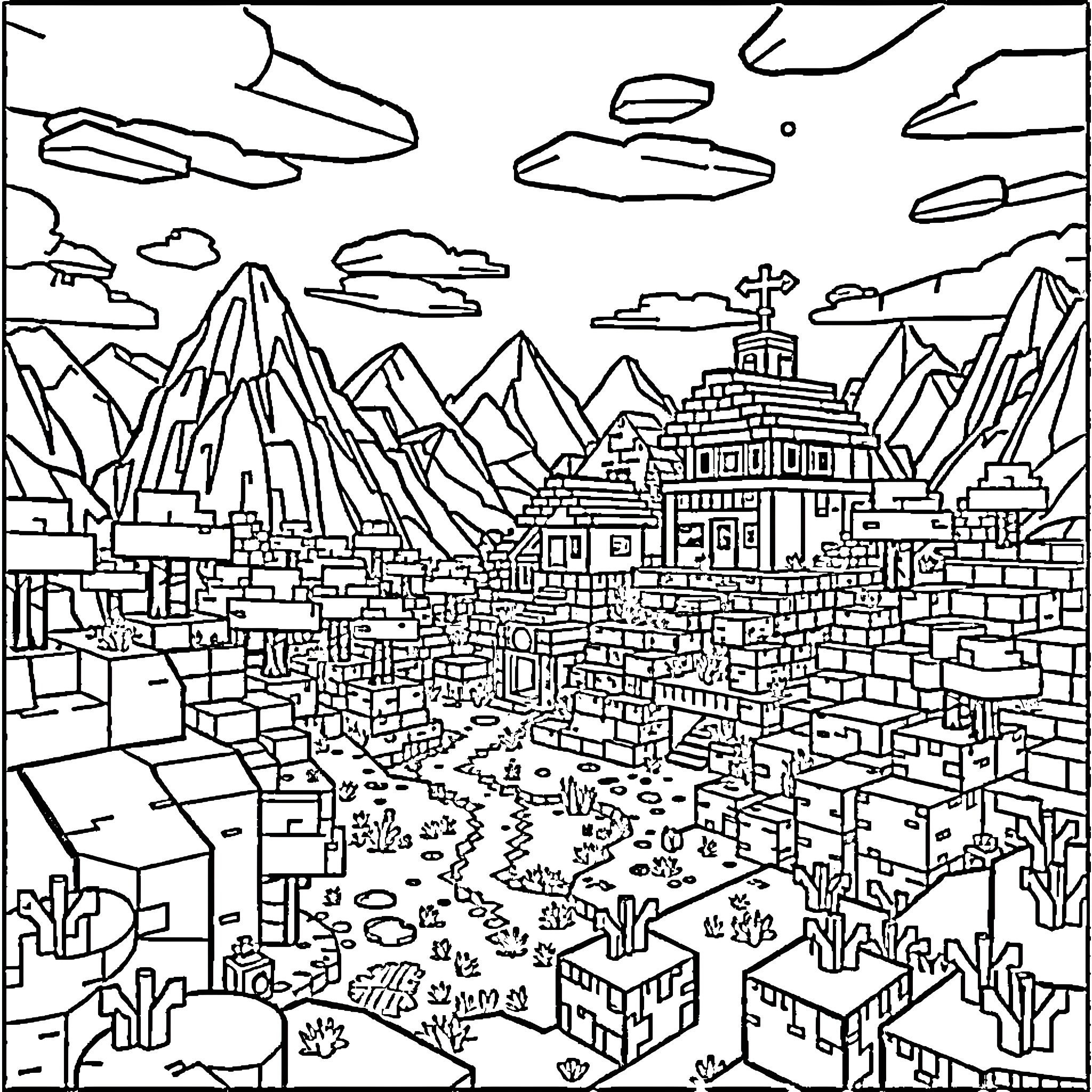 Minecraft fantasy landscape with mountains and architecture Coloring Page (free black-and-white line drawing printable PDF for all, from beginners to advanced learners, including children, teens, adults, and seniors)