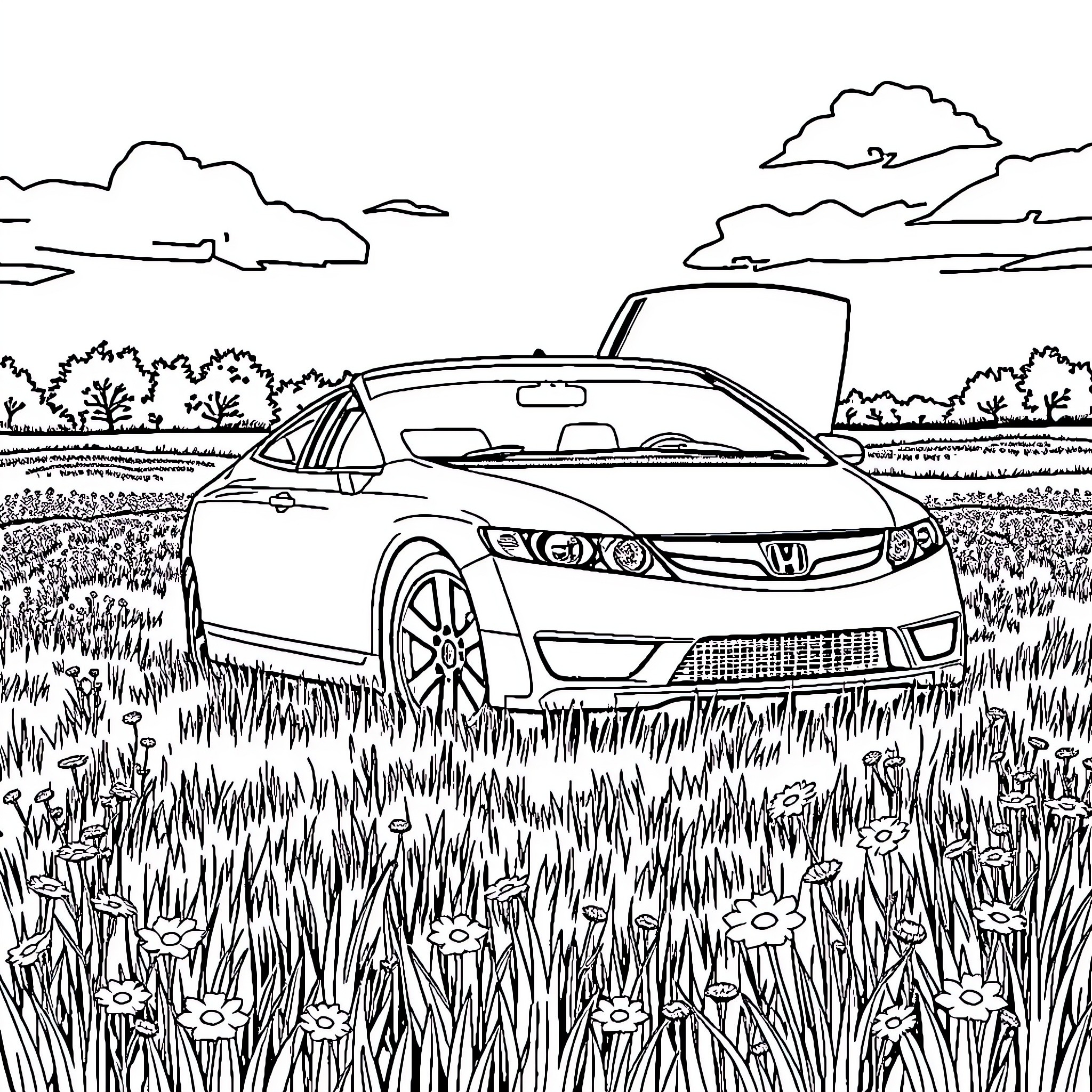 Civic Vehicle in Serene Countryside Scene Coloring Page (free black-and-white line drawing printable PDF for all, from beginners to advanced learners, including children, teens, adults, and seniors)