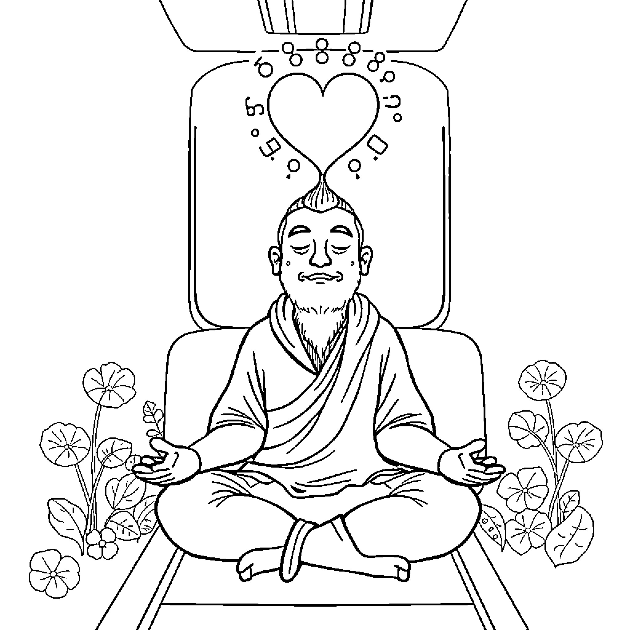 Yogi meditating peacefully with a heart symbol above Coloring Page (free black-and-white line drawing printable PDF for all, from beginners to advanced learners, including children, teens, adults, and seniors)