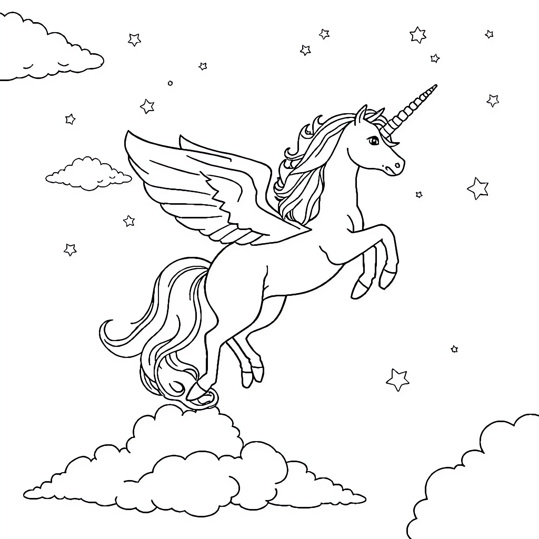 Unicorn soaring through the starry night sky Coloring Page (free black-and-white line drawing printable PDF for all, from beginners to advanced learners, including children, teens, adults, and seniors)